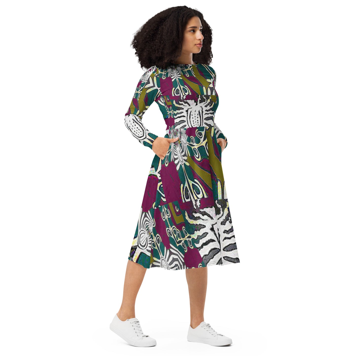 All-over print long sleeve midi dress