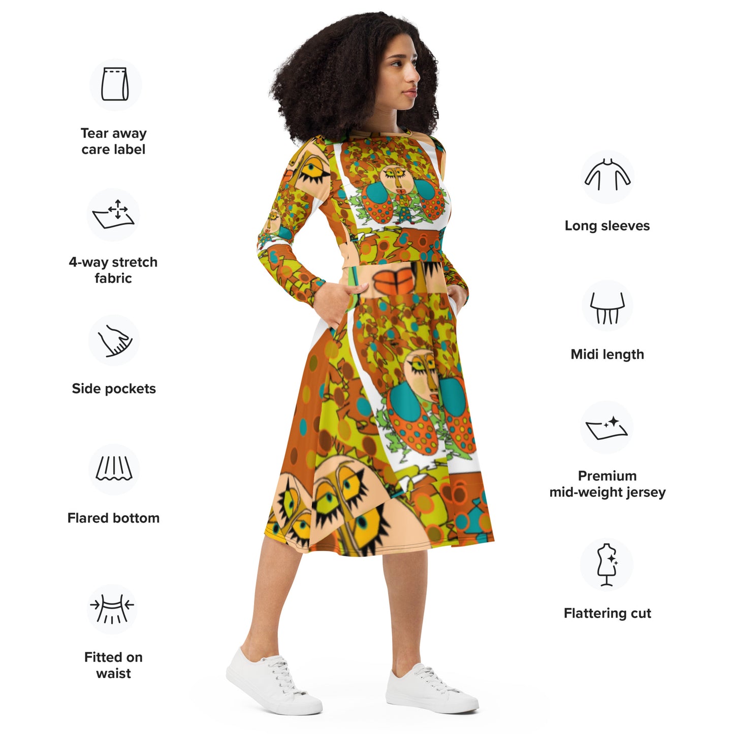 All-over print long sleeve midi dress