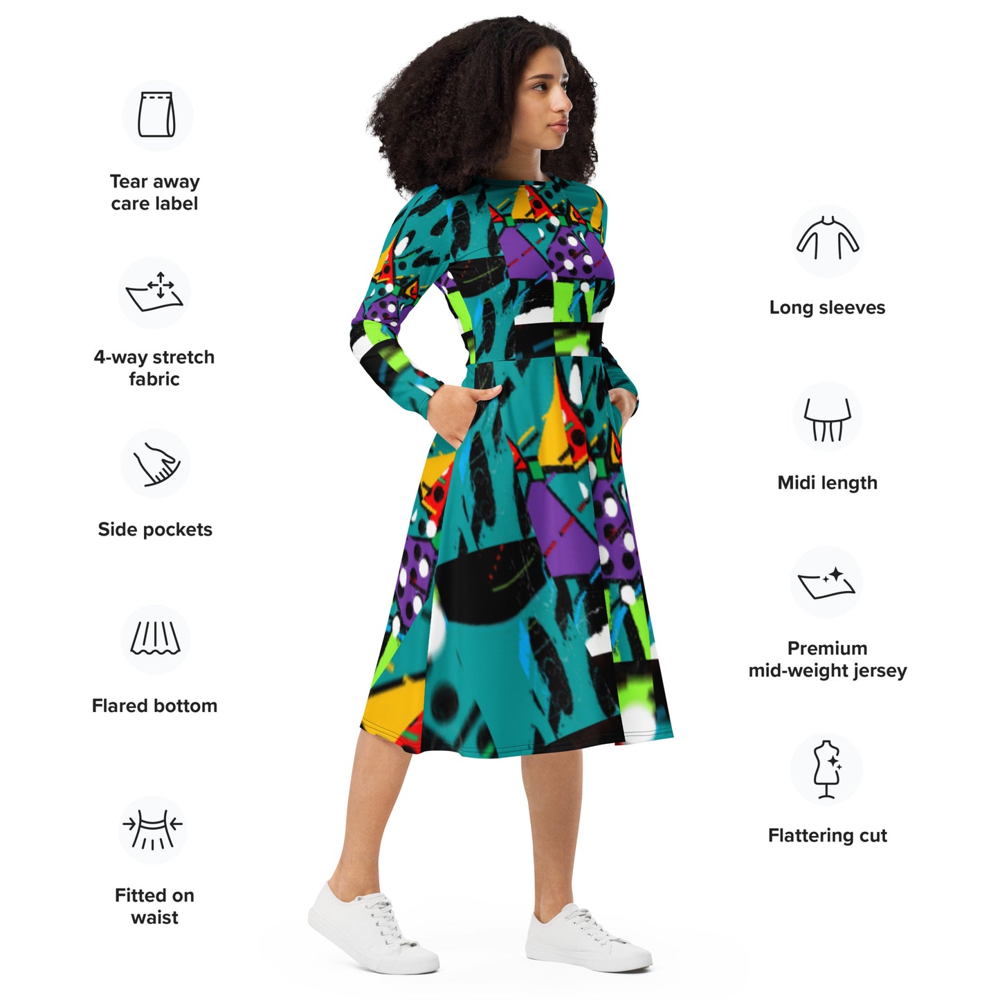 All-over print long sleeve midi dress