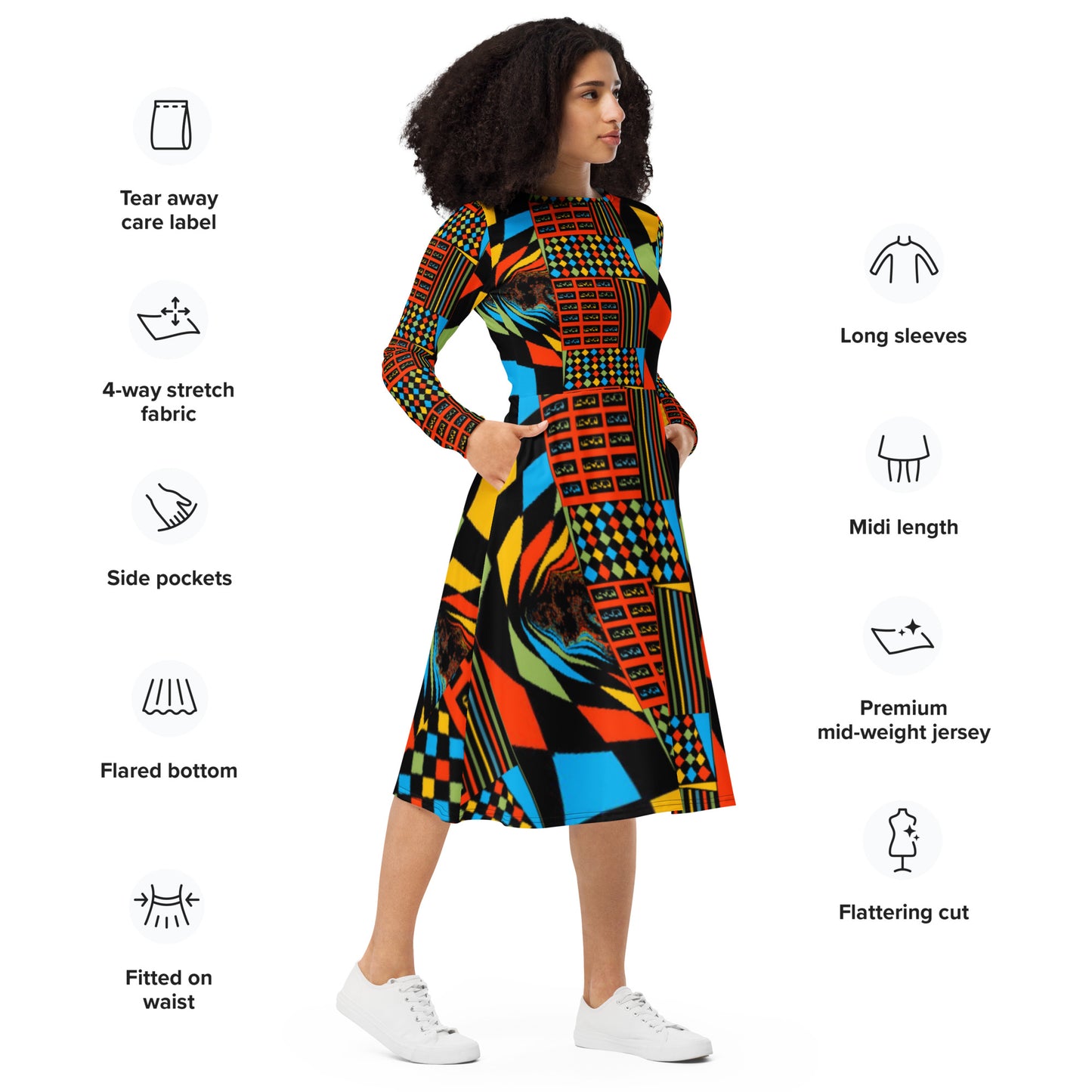 All-over print long sleeve midi dress