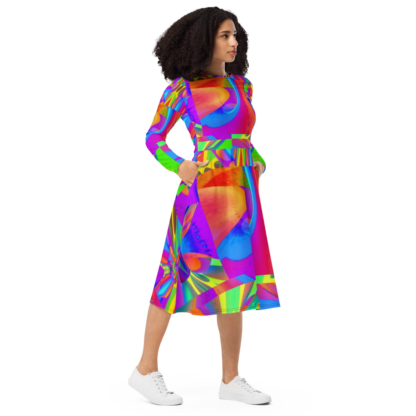 All-over print long sleeve midi dress