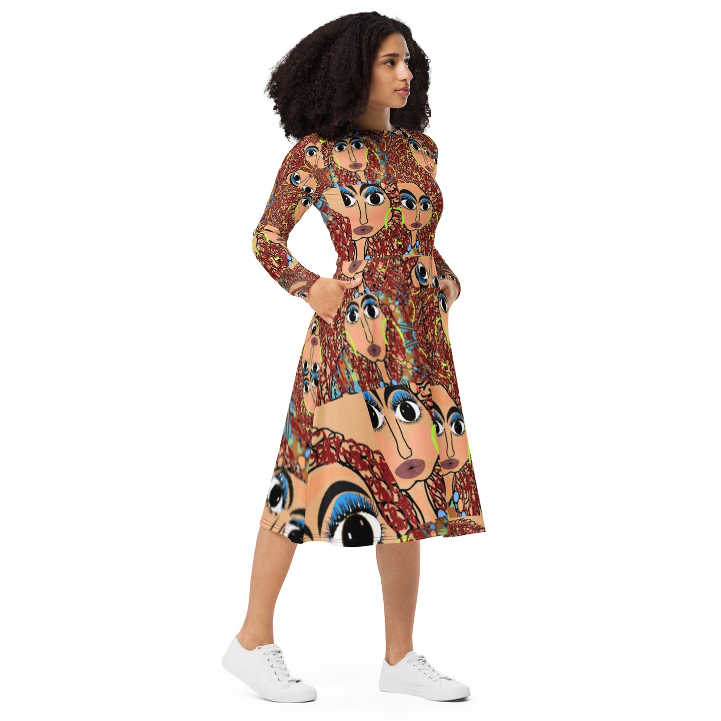 All-over print long sleeve midi dress