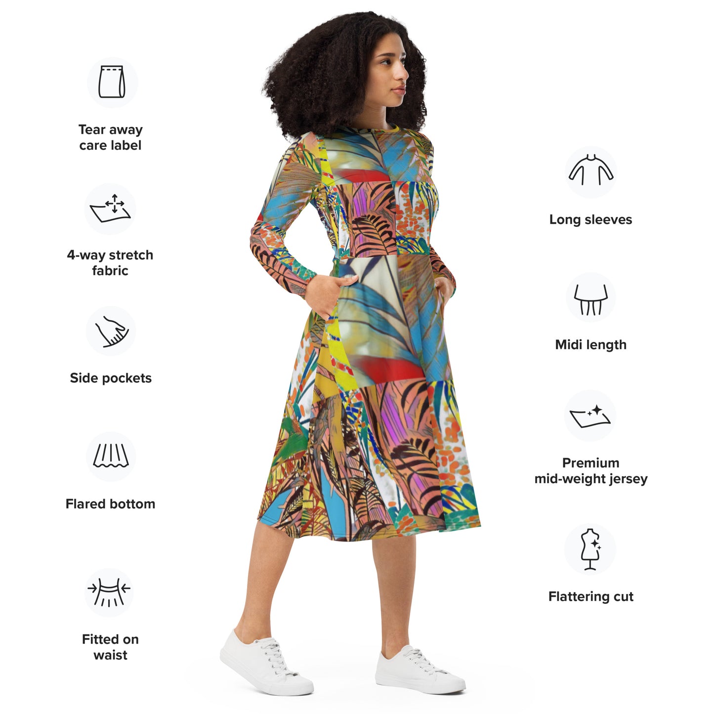 All-over print long sleeve midi dress