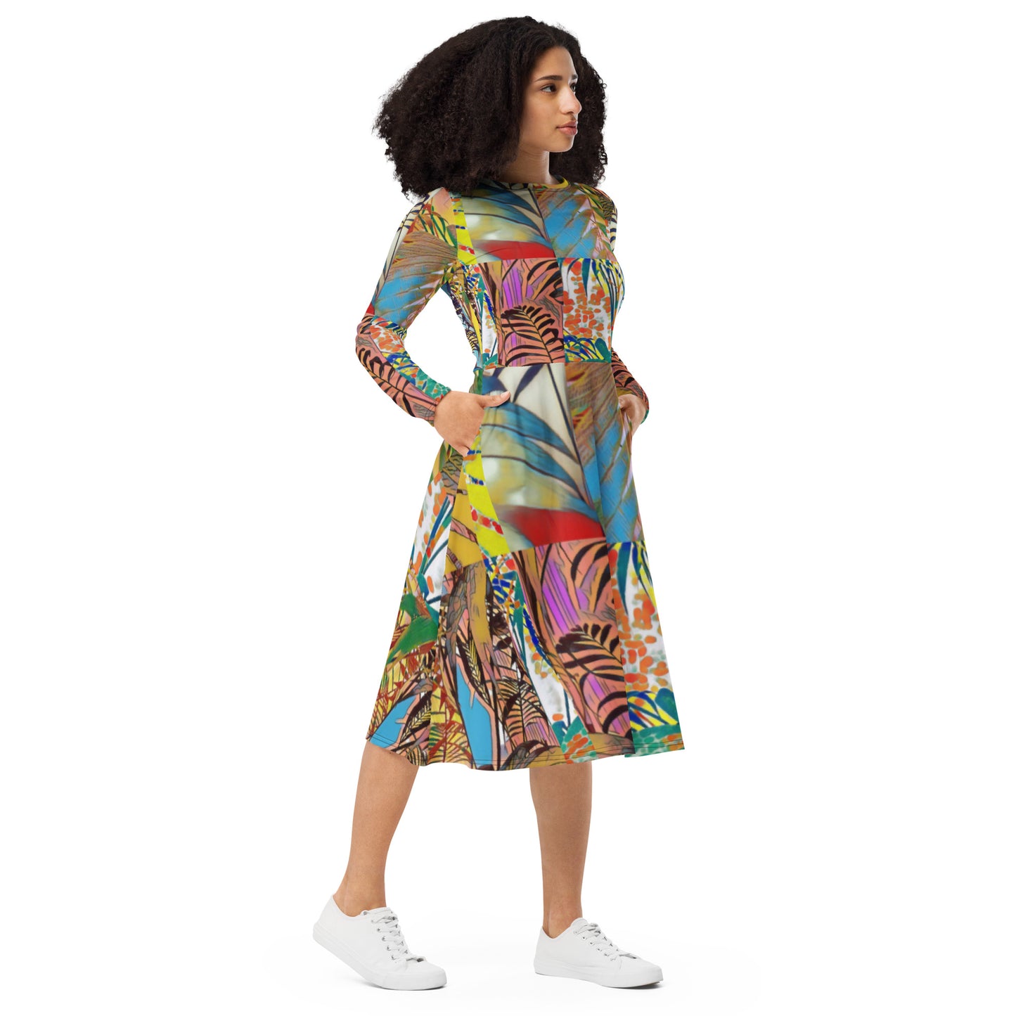 All-over print long sleeve midi dress