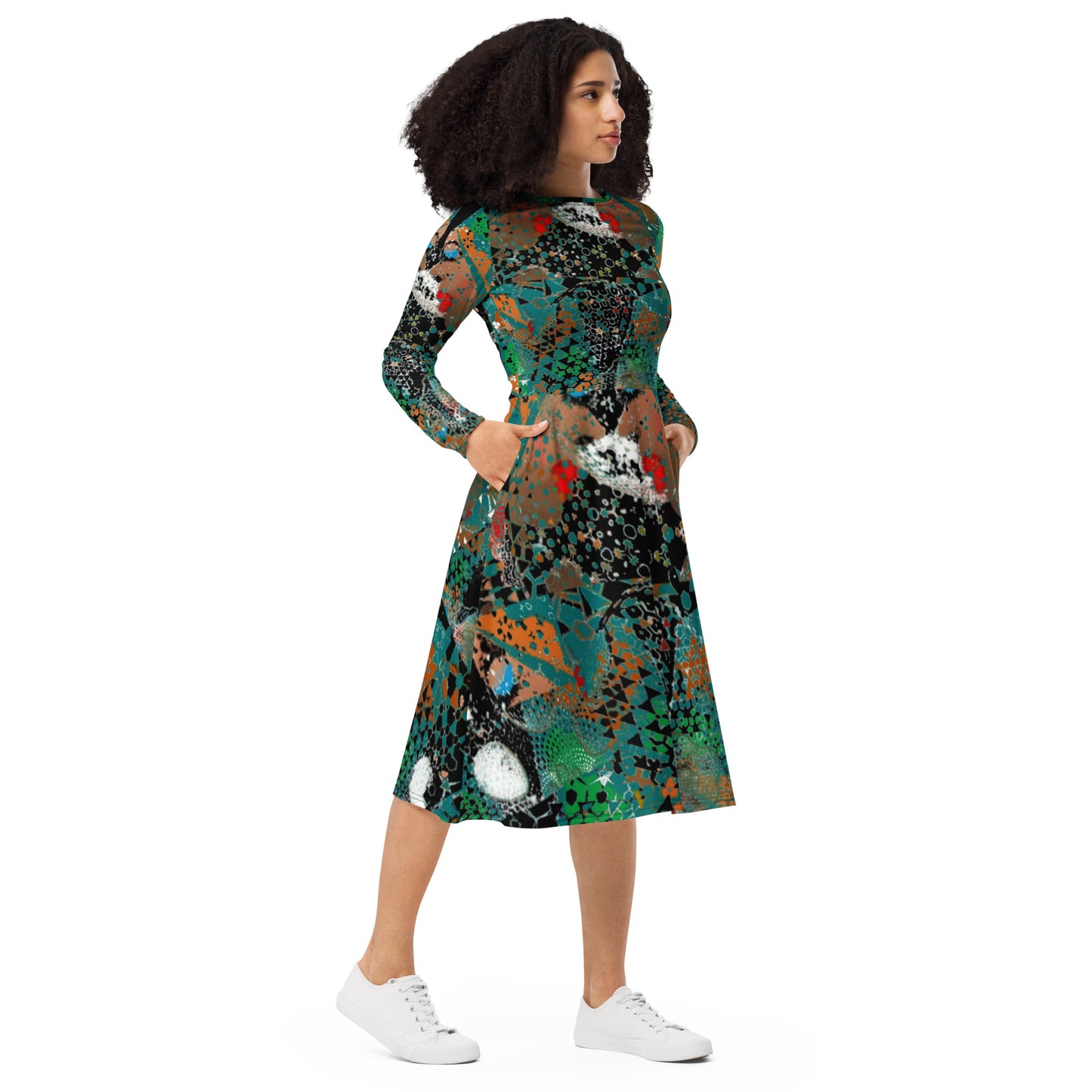 All-over print long sleeve midi dress