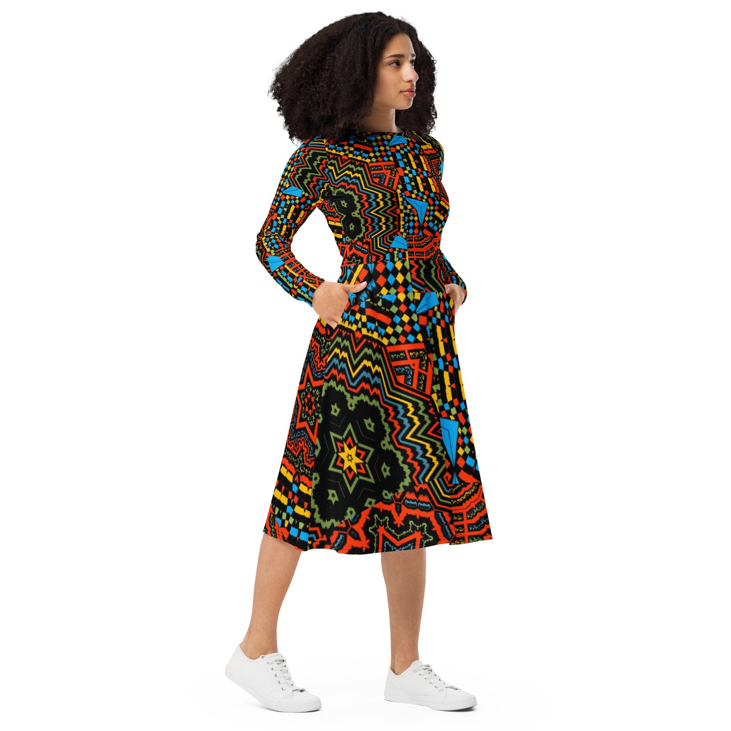 All-over print long sleeve midi dress