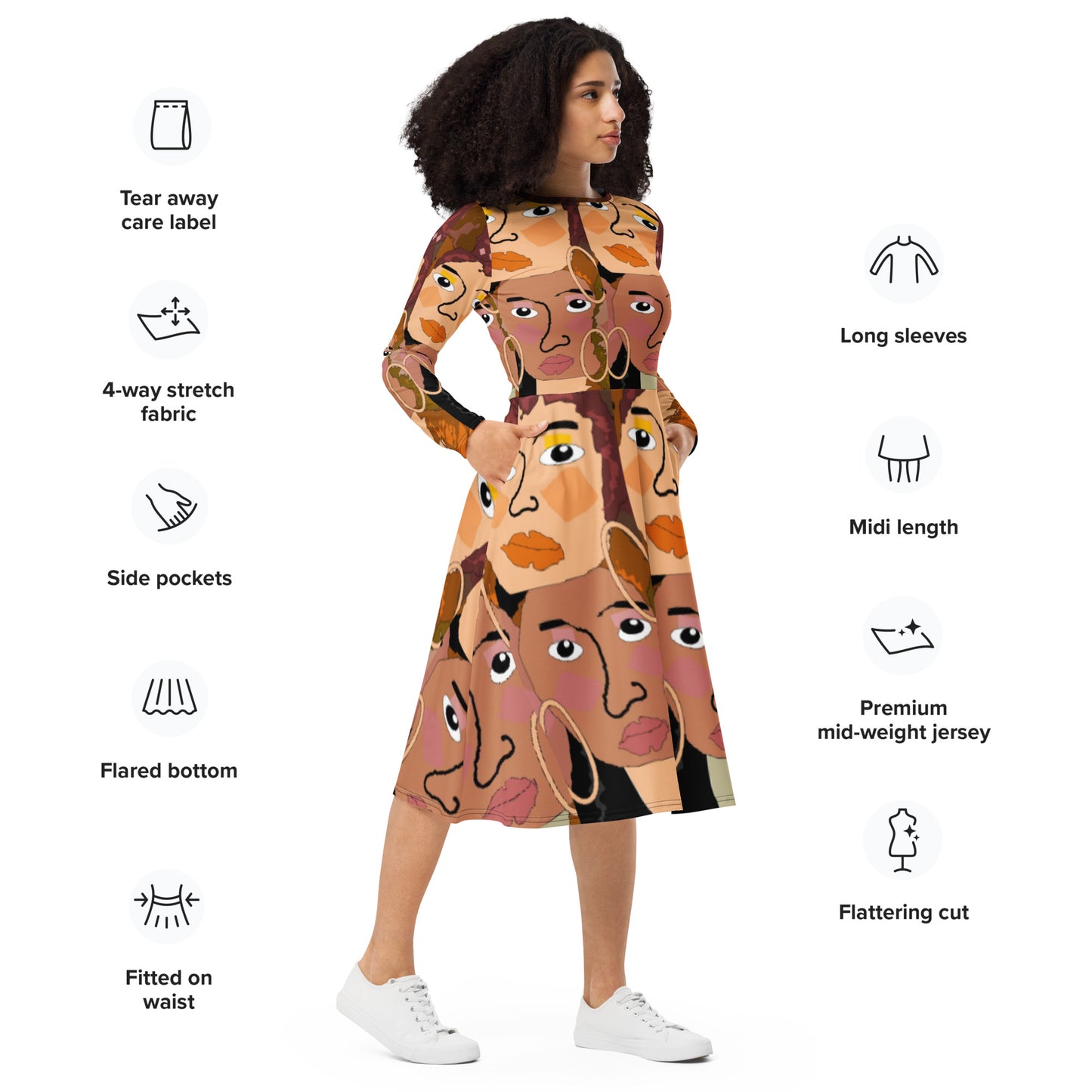 All-over print long sleeve midi dress