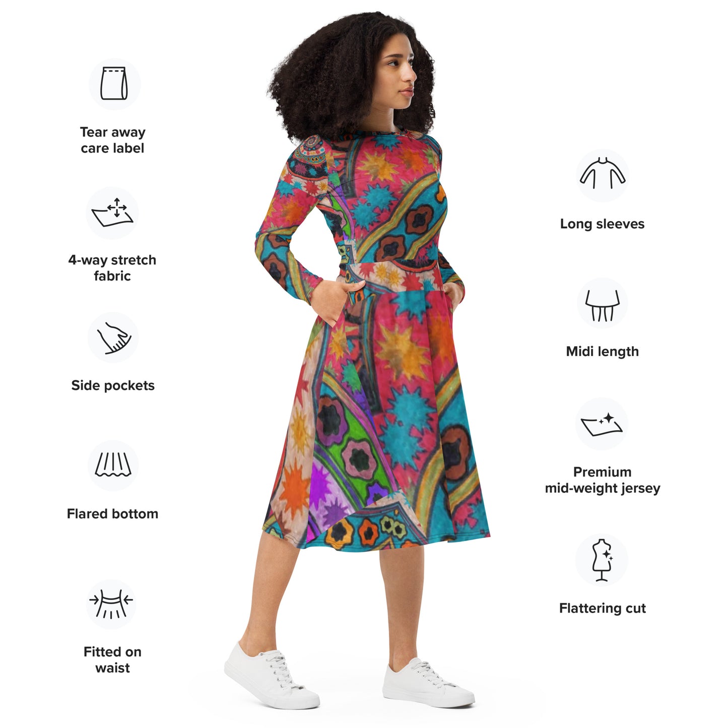 All-over print long sleeve midi dress