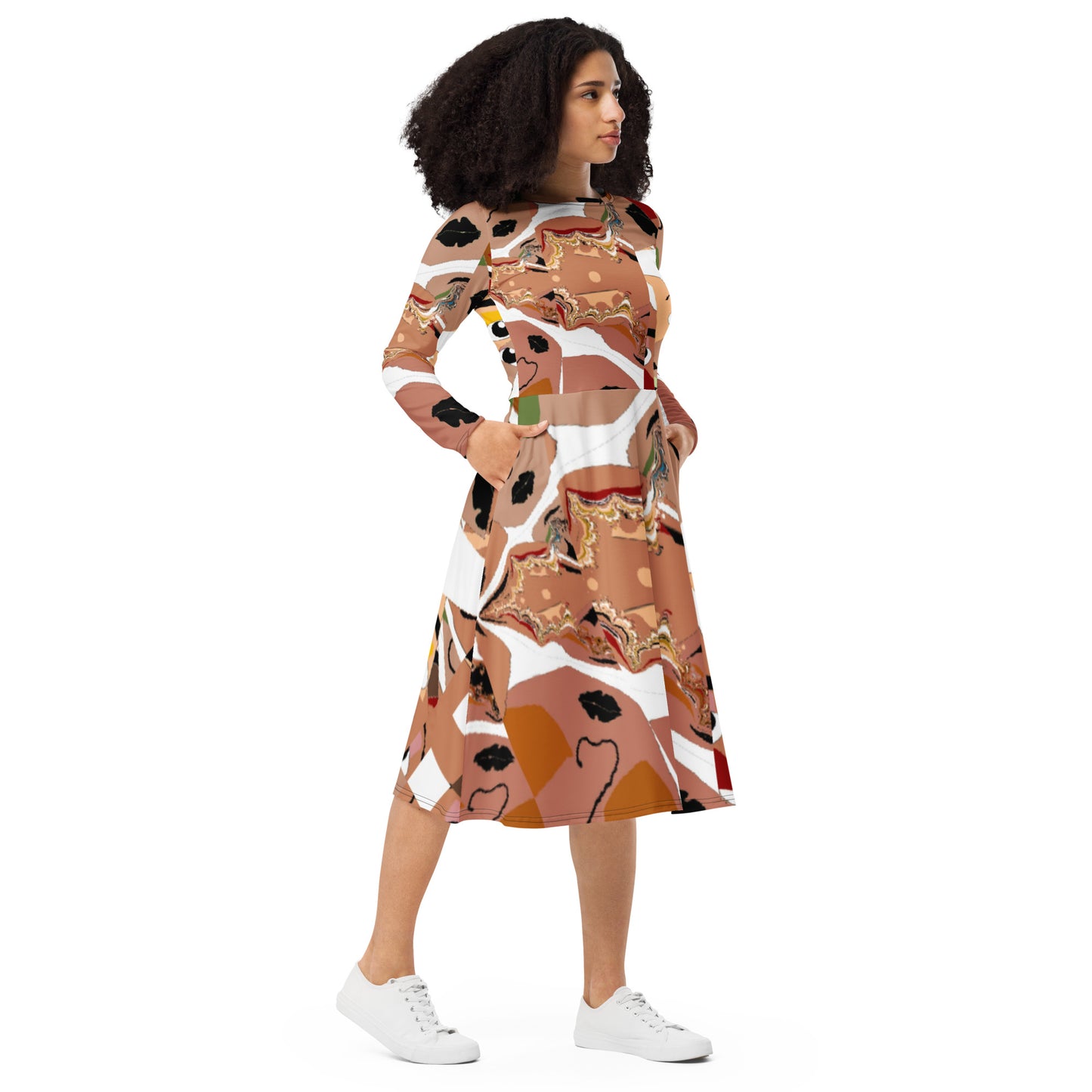 All-over print long sleeve midi dress