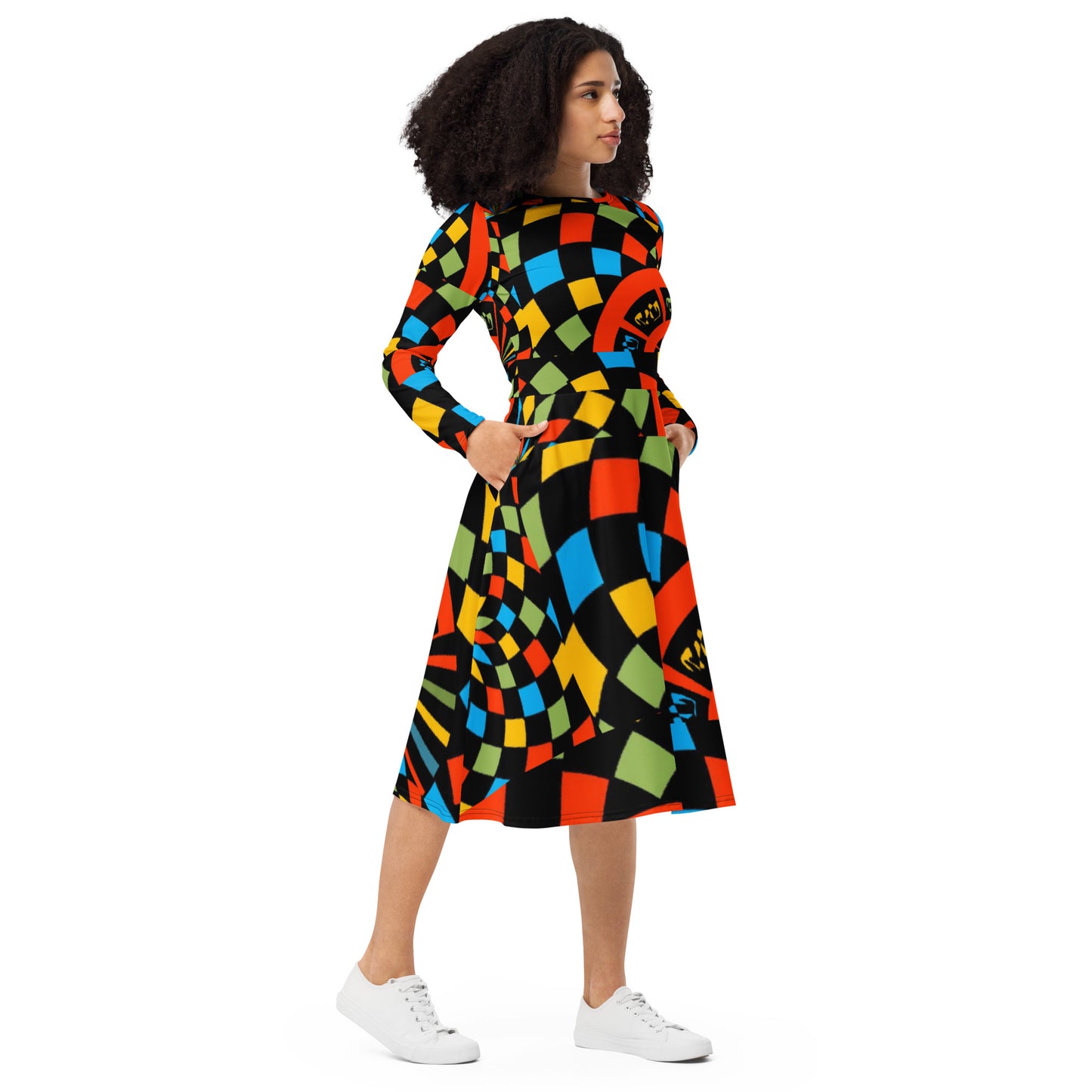 All-over print long sleeve midi dress