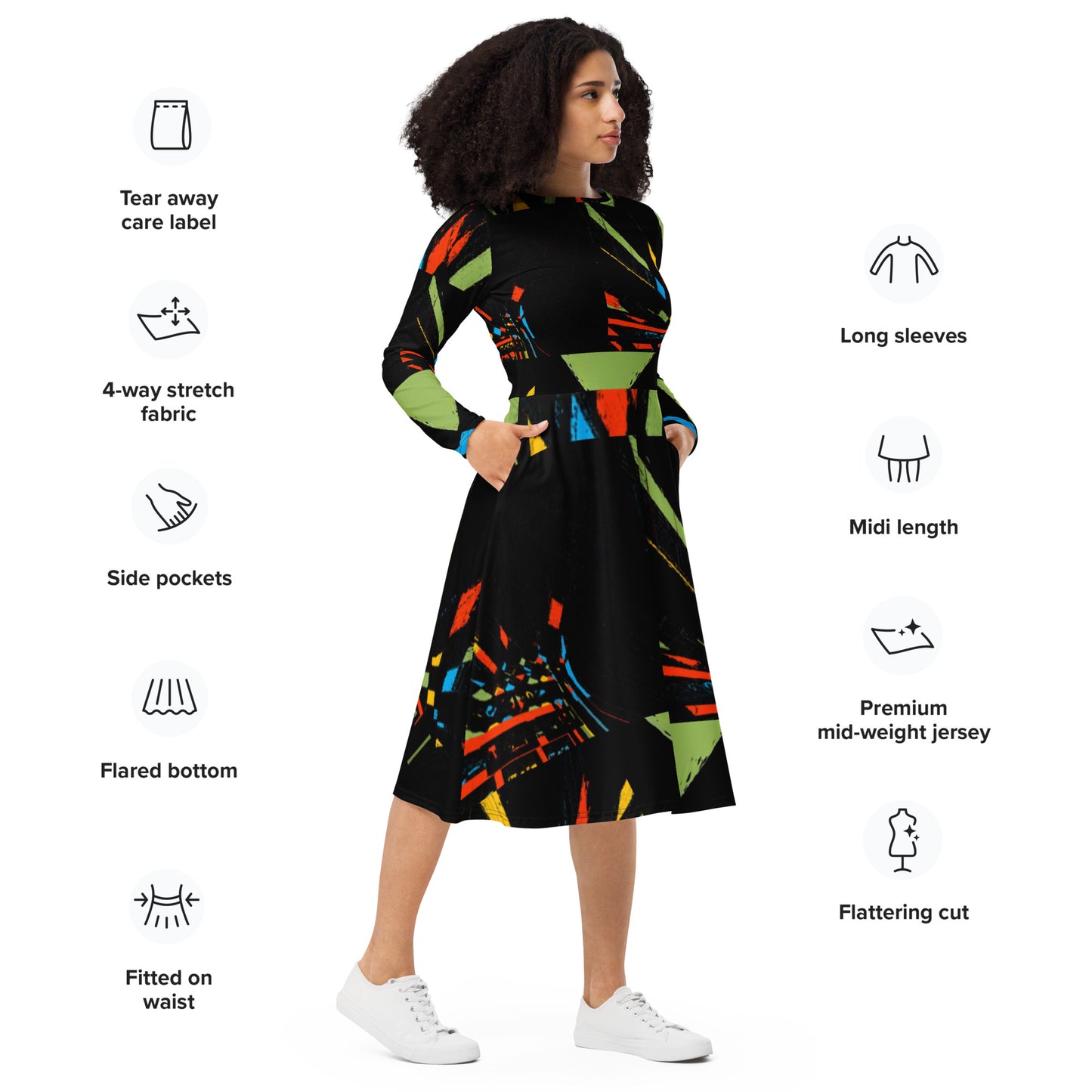 All-over print long sleeve midi dress