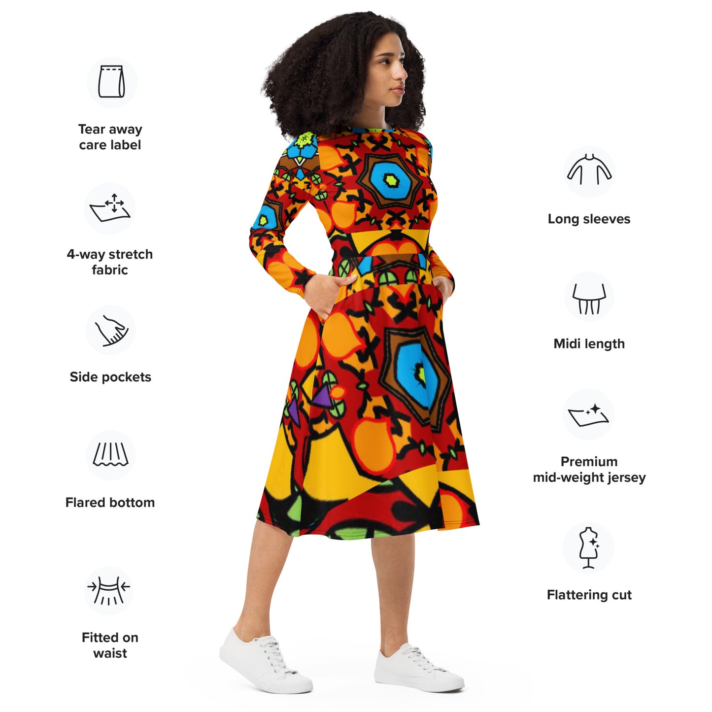 All-over print long sleeve midi dress