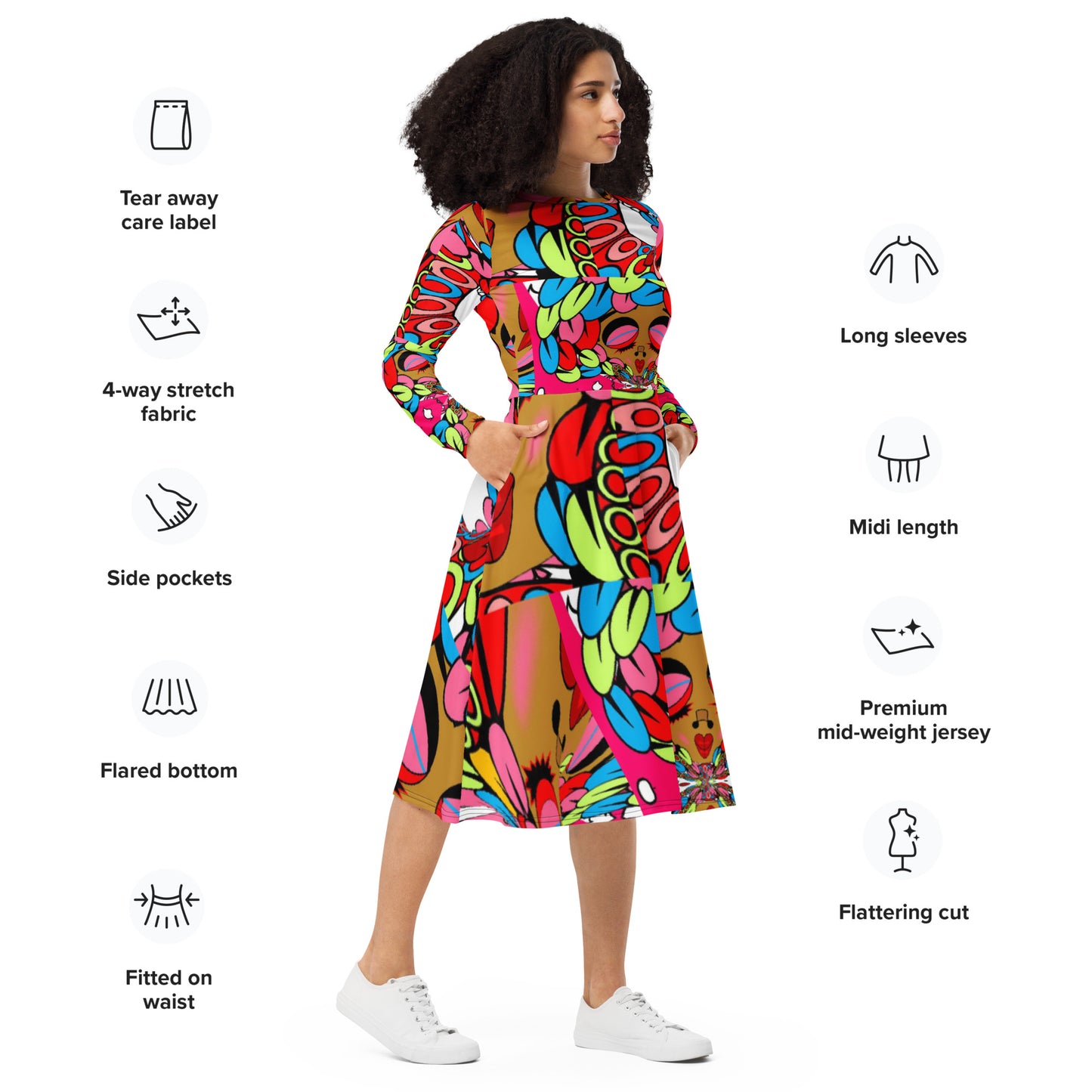 All-over print long sleeve midi dress