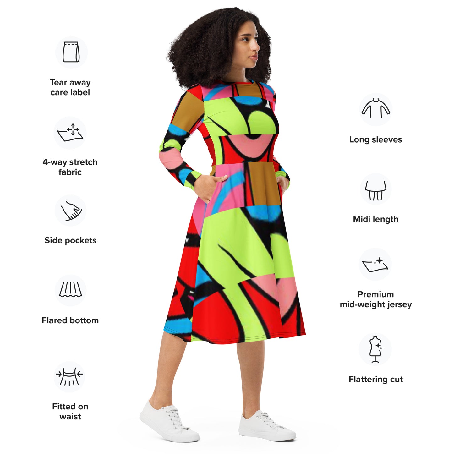 All-over print long sleeve midi dress