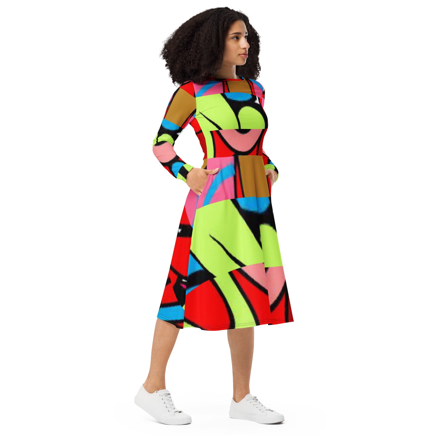 All-over print long sleeve midi dress