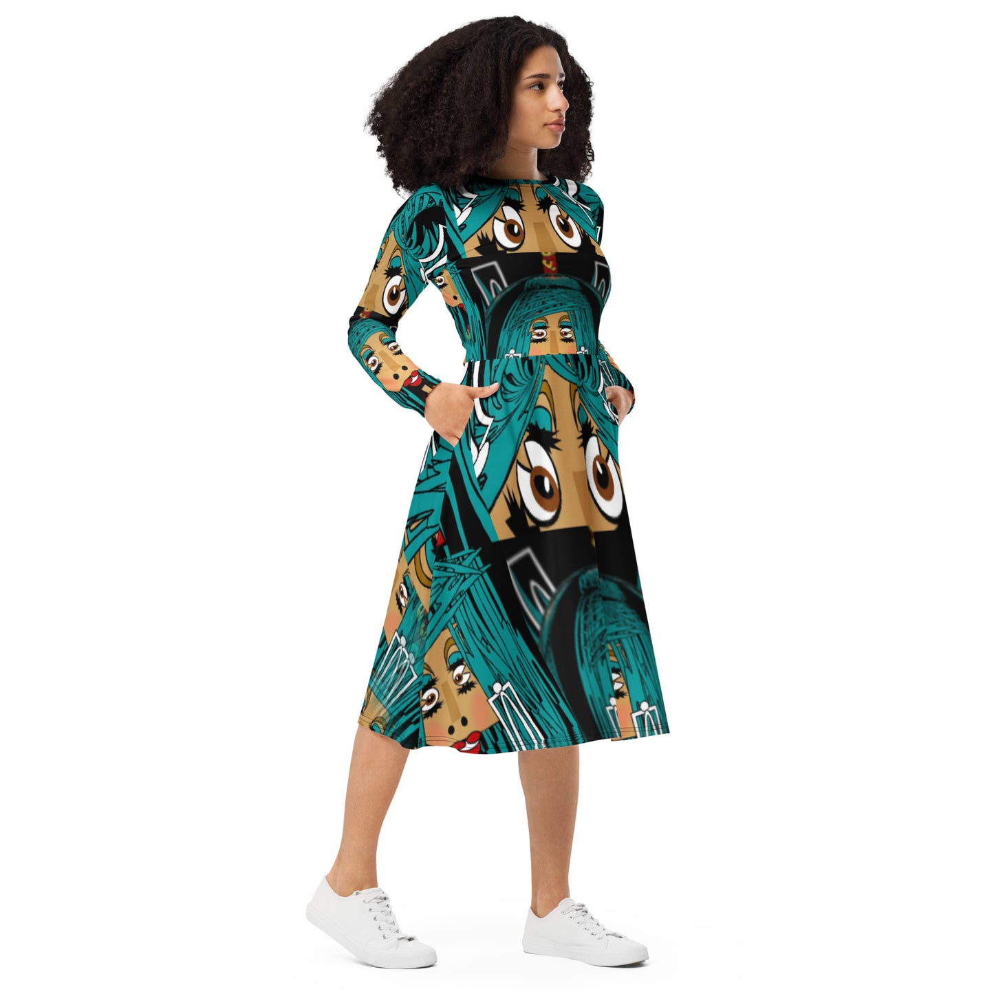 All-over print long sleeve midi dress