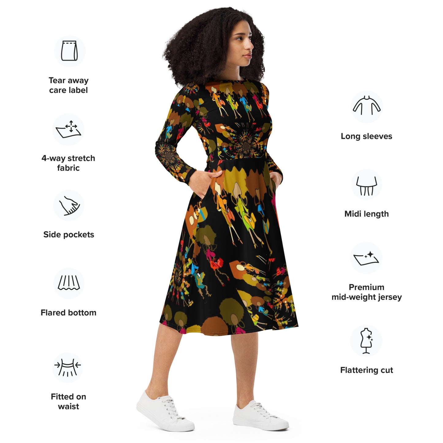 All-over print long sleeve midi dress