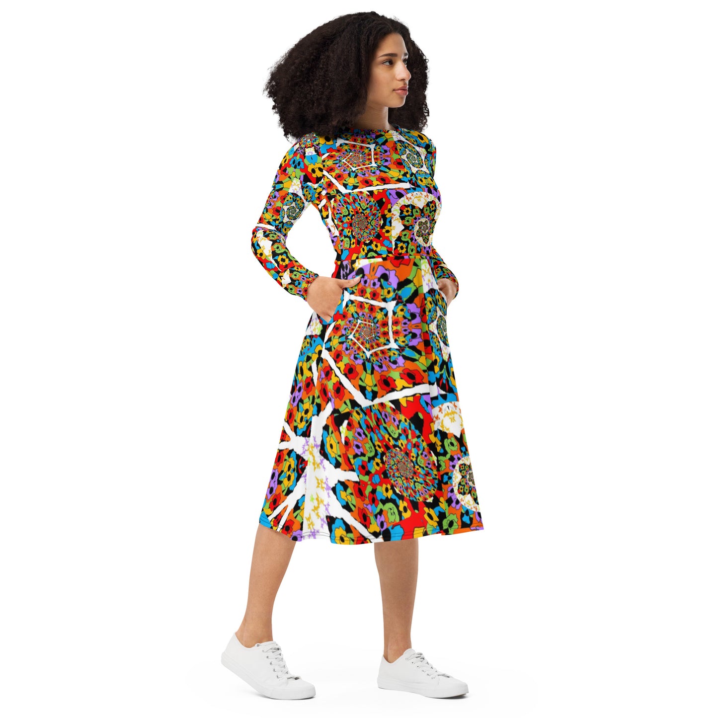 All-over print long sleeve midi dress