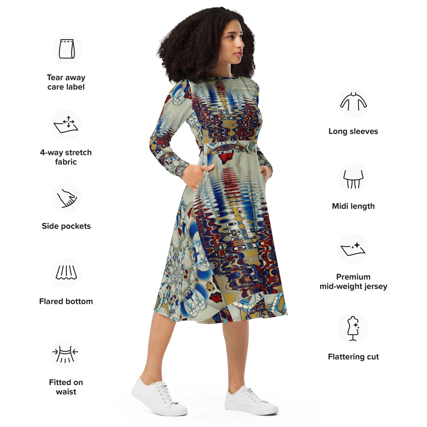 All-over print long sleeve midi dress