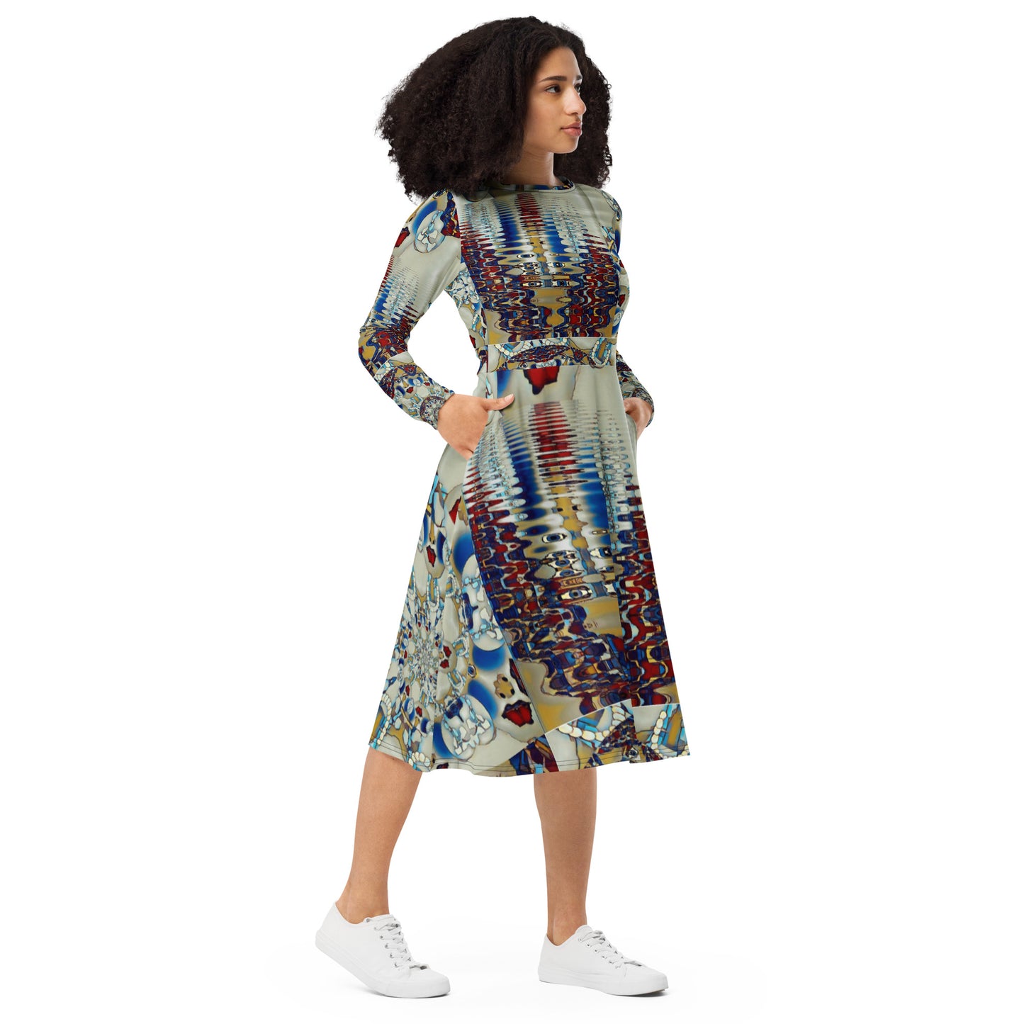 All-over print long sleeve midi dress