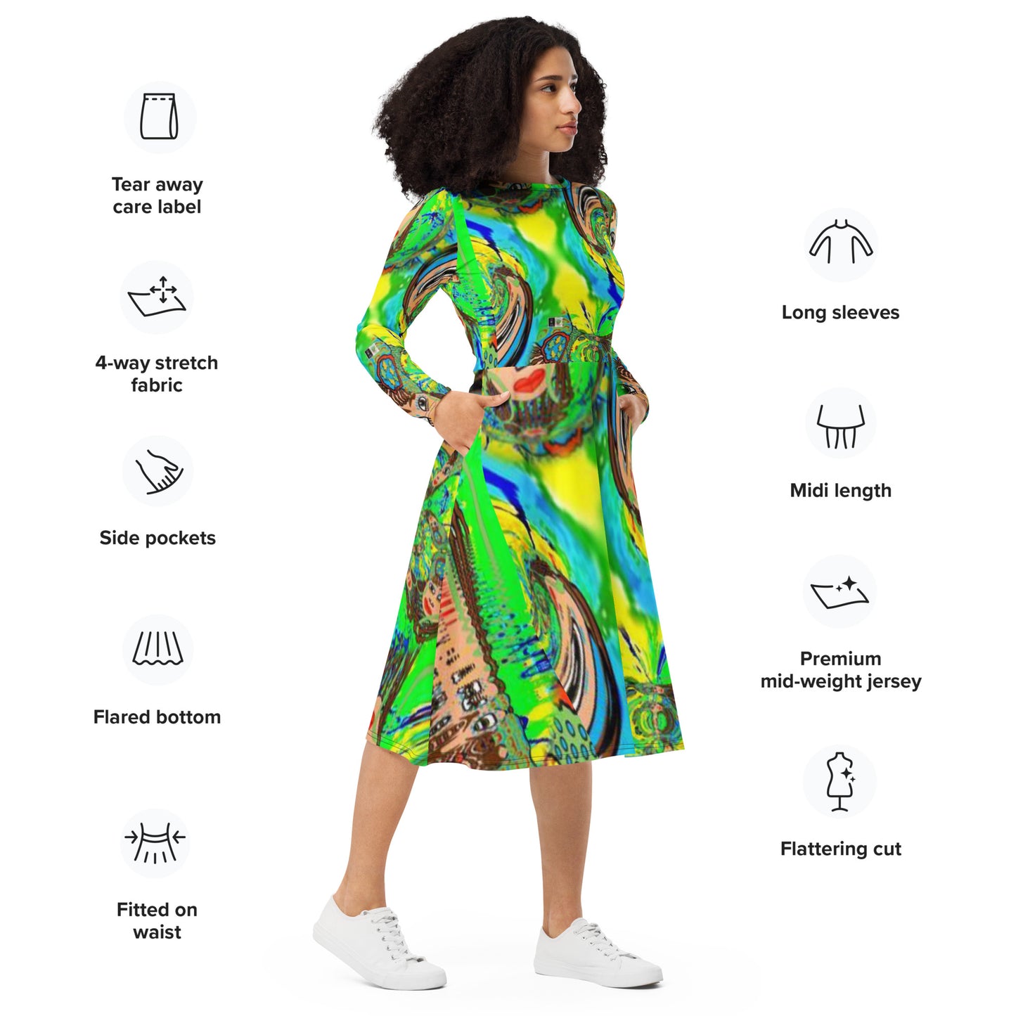 All-over print long sleeve midi dress