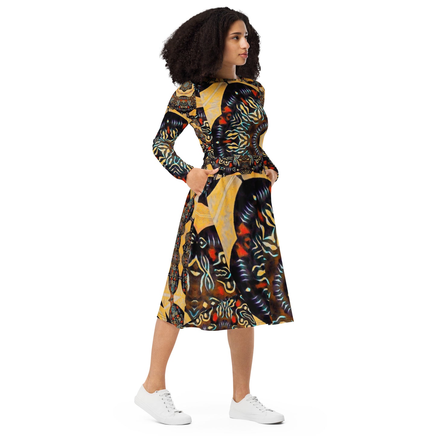 All-over print long sleeve midi dress