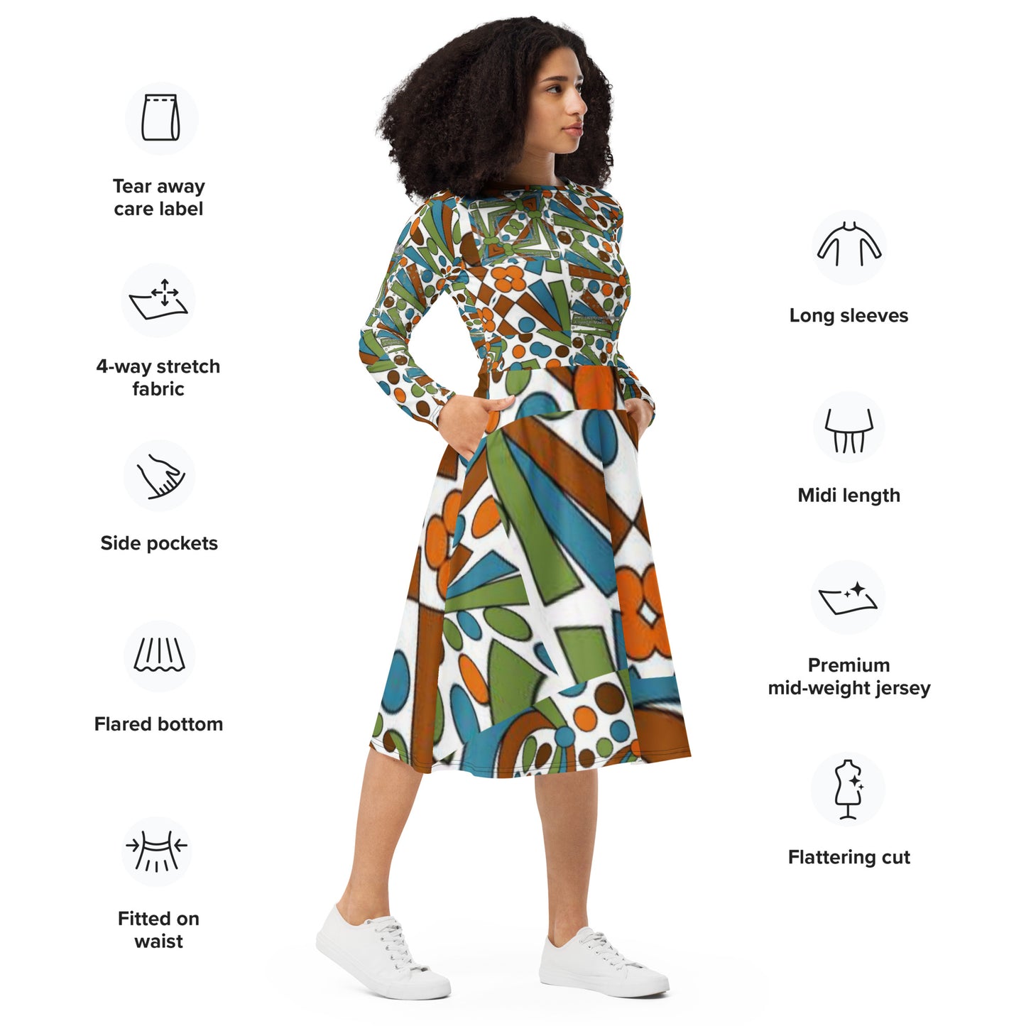 All-over print long sleeve midi dress