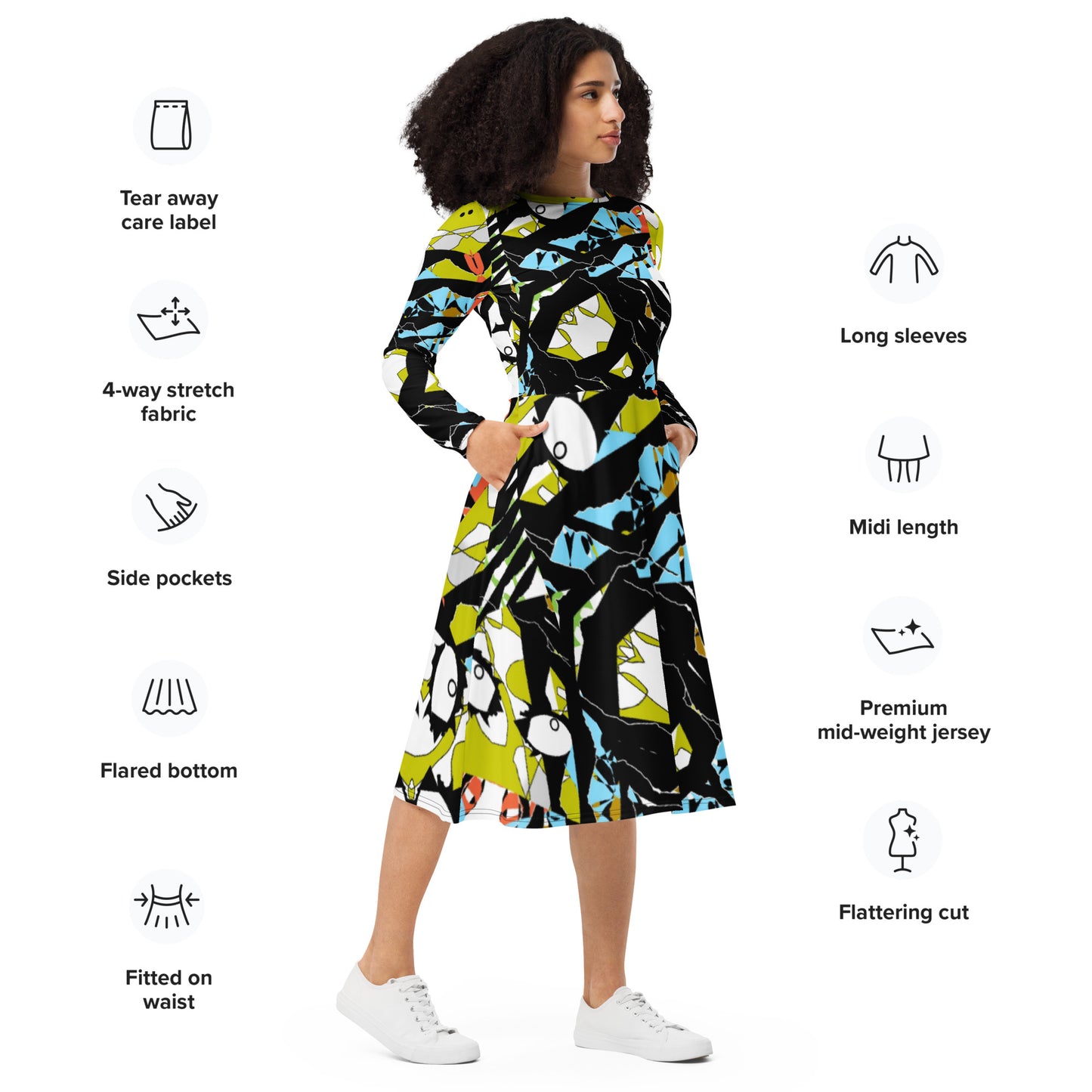 All-over print long sleeve midi dress