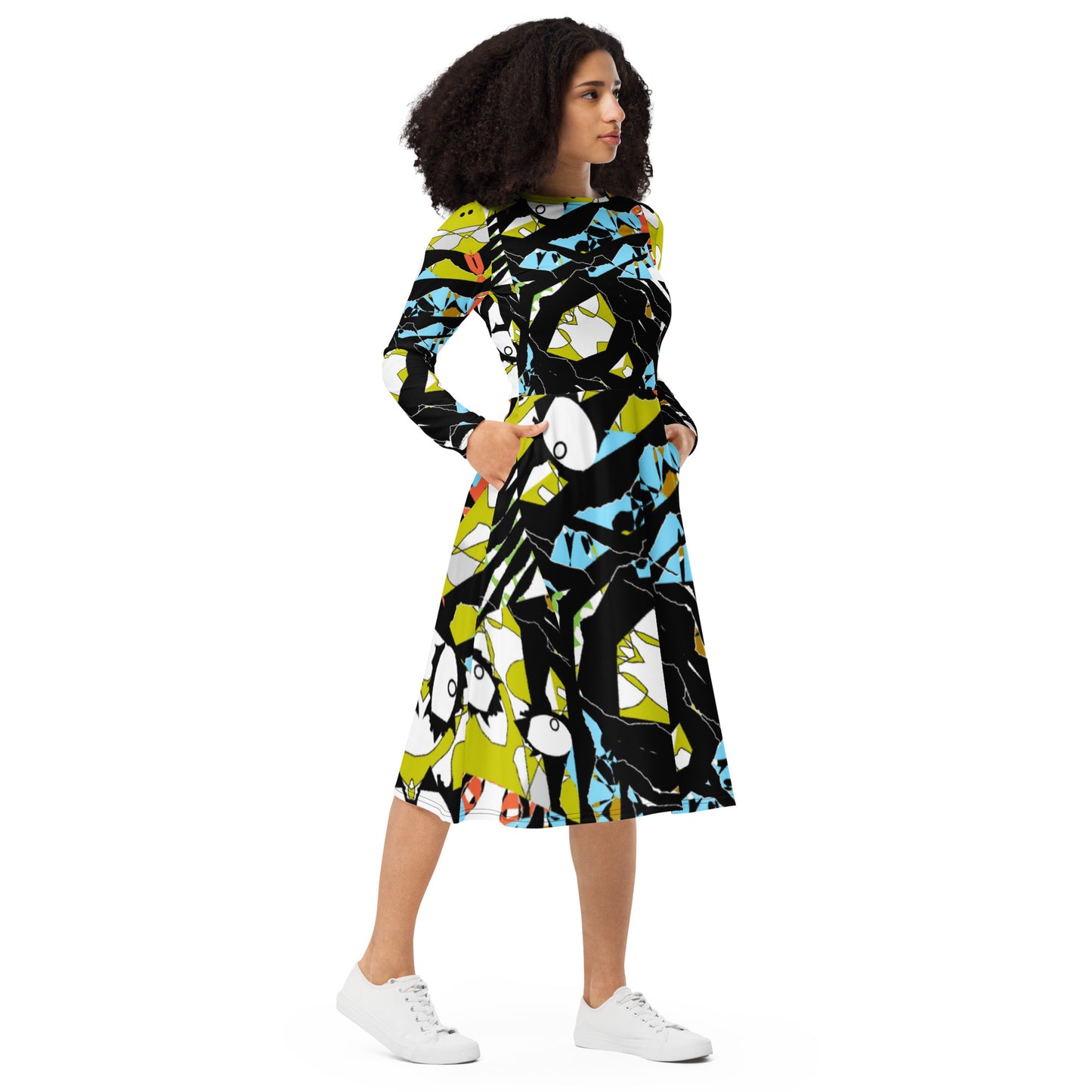 All-over print long sleeve midi dress