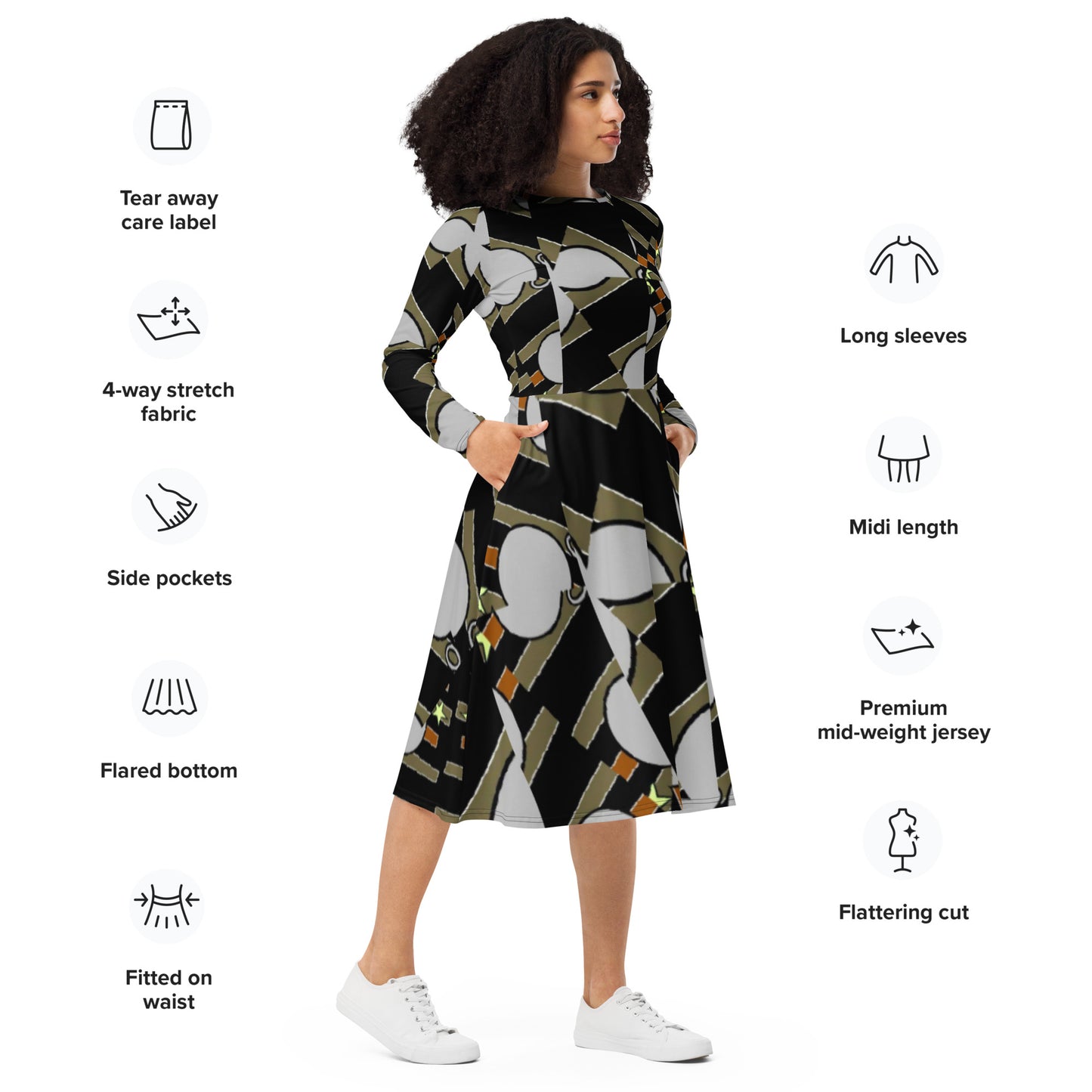 All-over print long sleeve midi dress