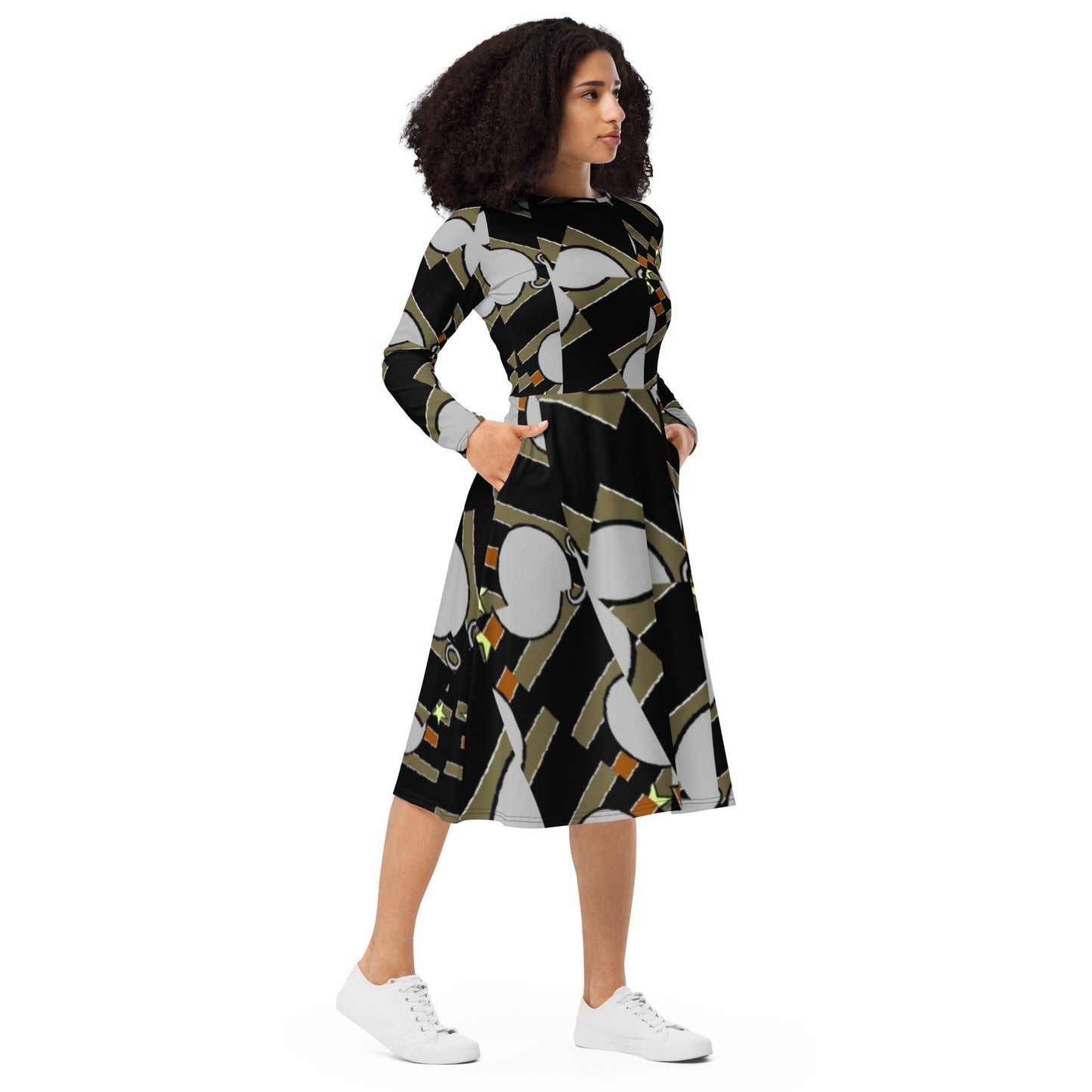 All-over print long sleeve midi dress