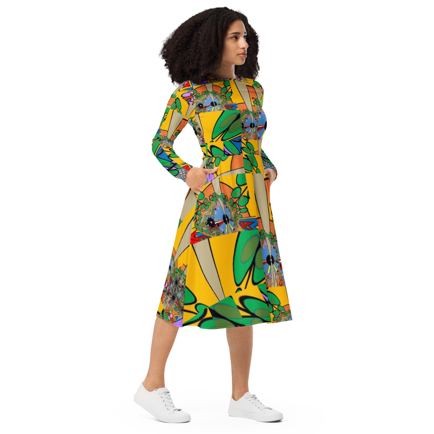 All-over print long sleeve midi dress