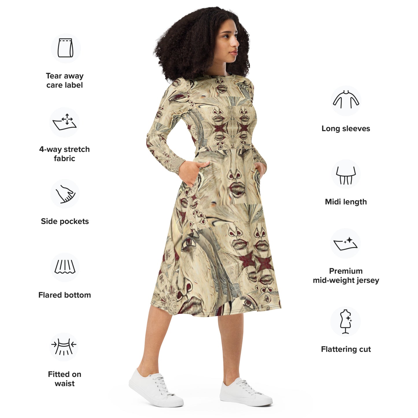 All-over print long sleeve midi dress