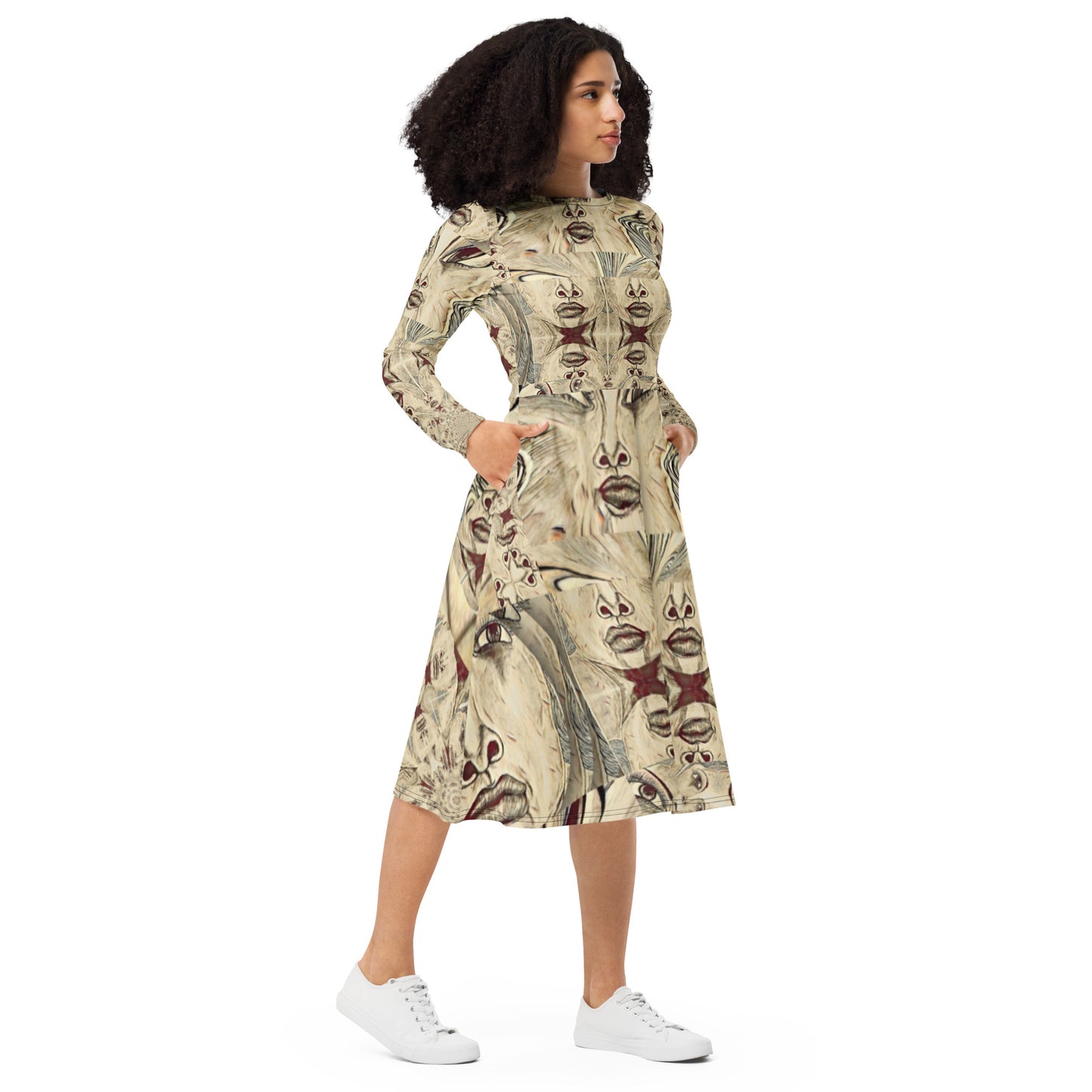 All-over print long sleeve midi dress