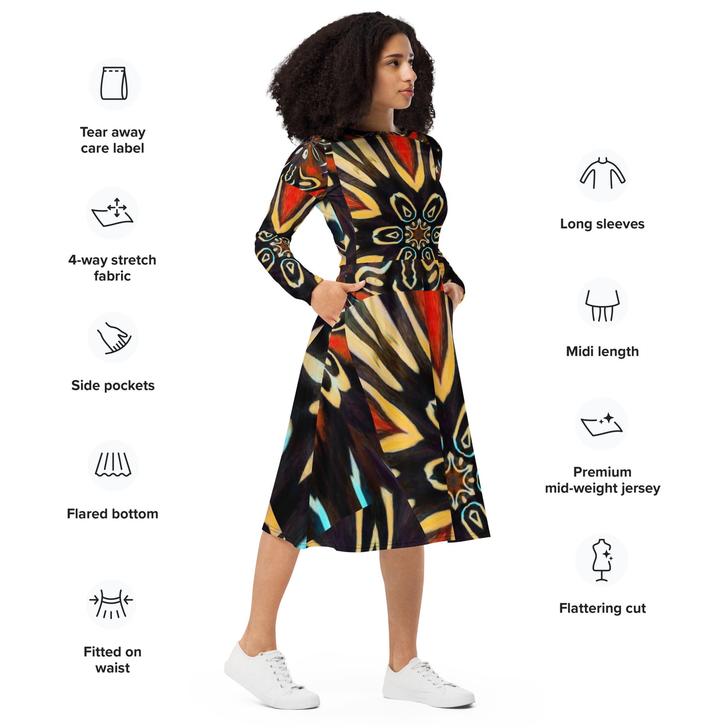 All-over print long sleeve midi dress