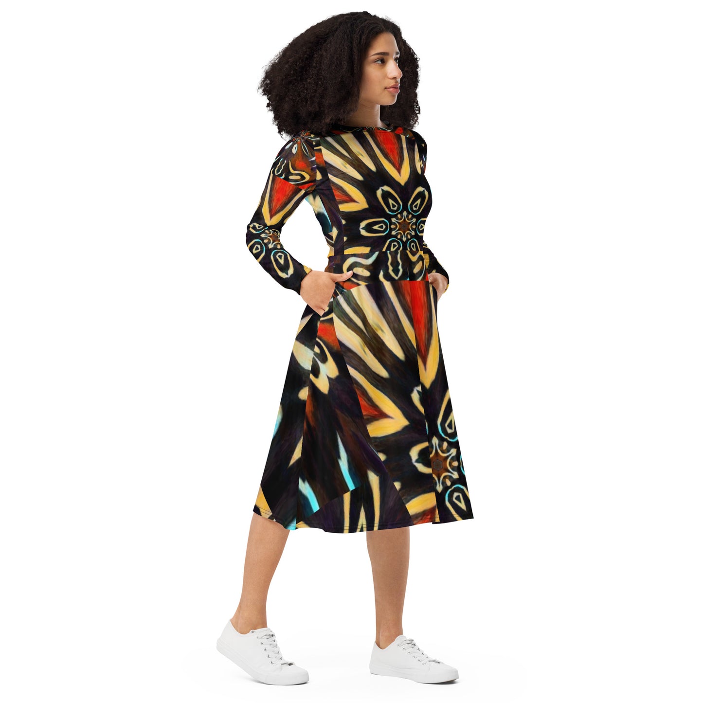 All-over print long sleeve midi dress