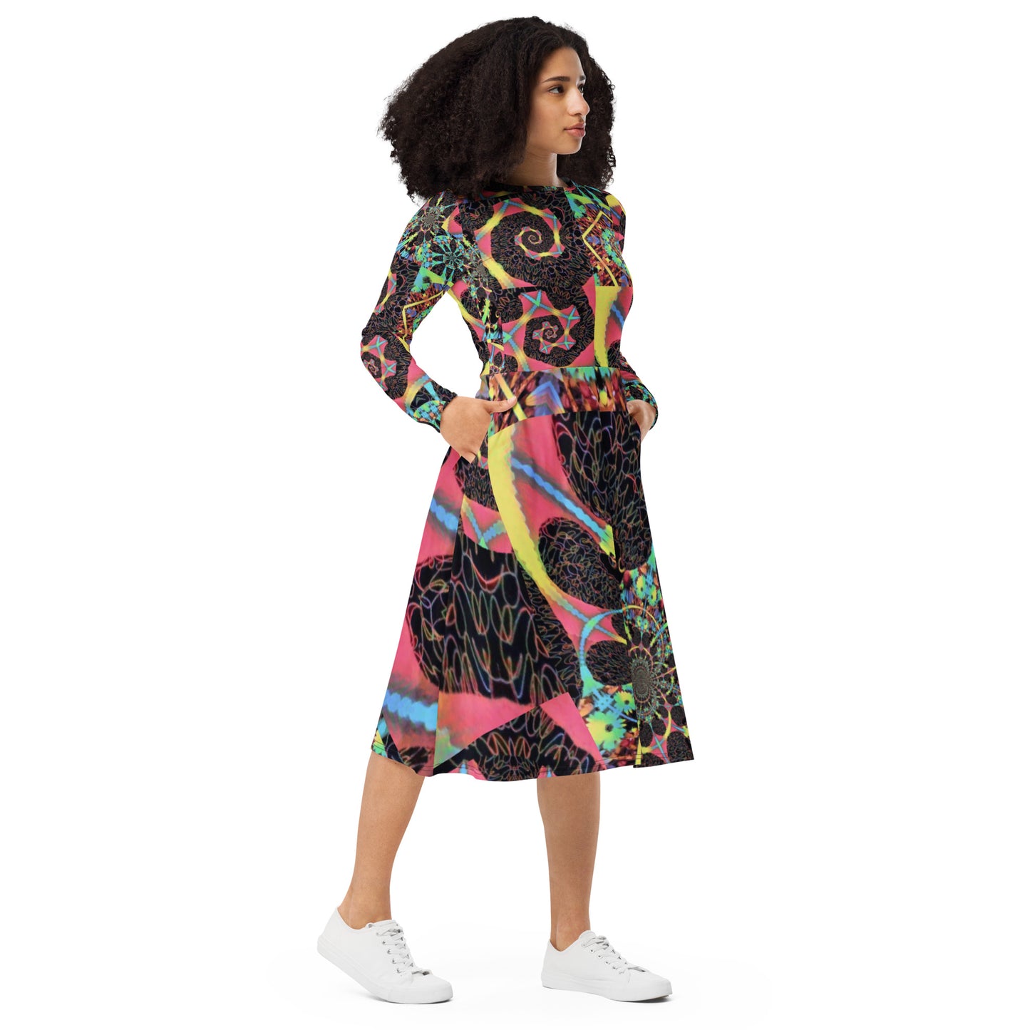 All-over print long sleeve midi dress