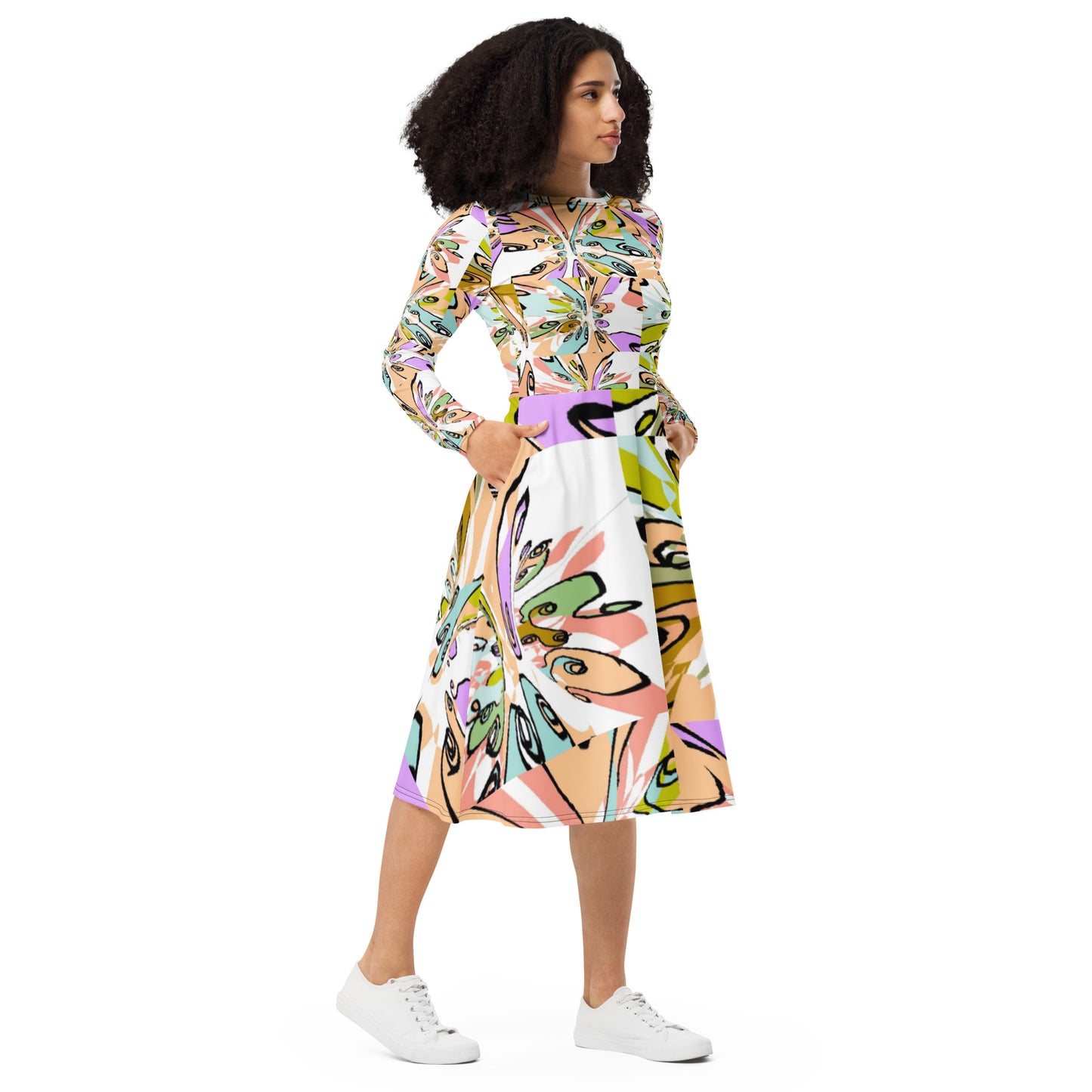 All-over print long sleeve midi dress