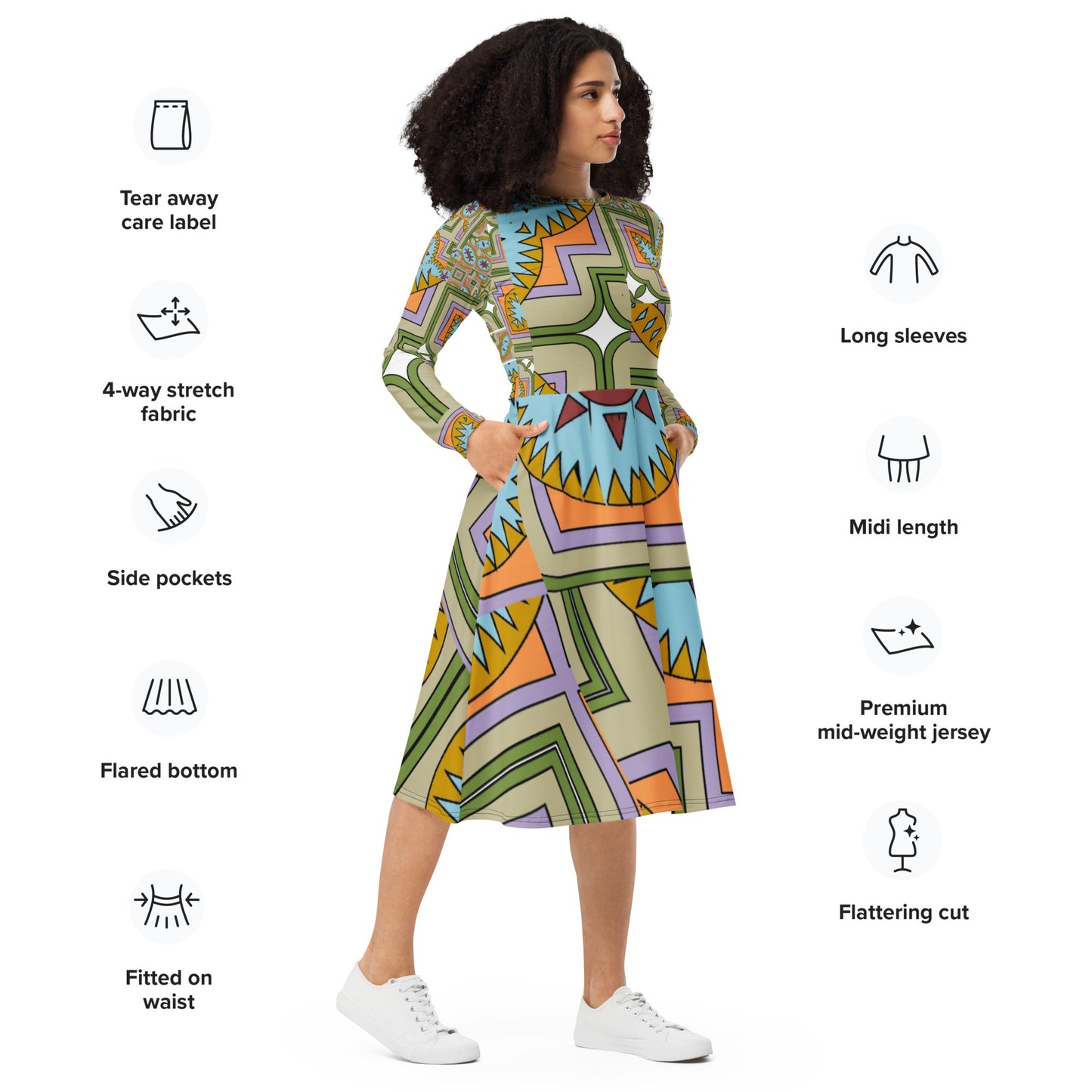 All-over print long sleeve midi dress