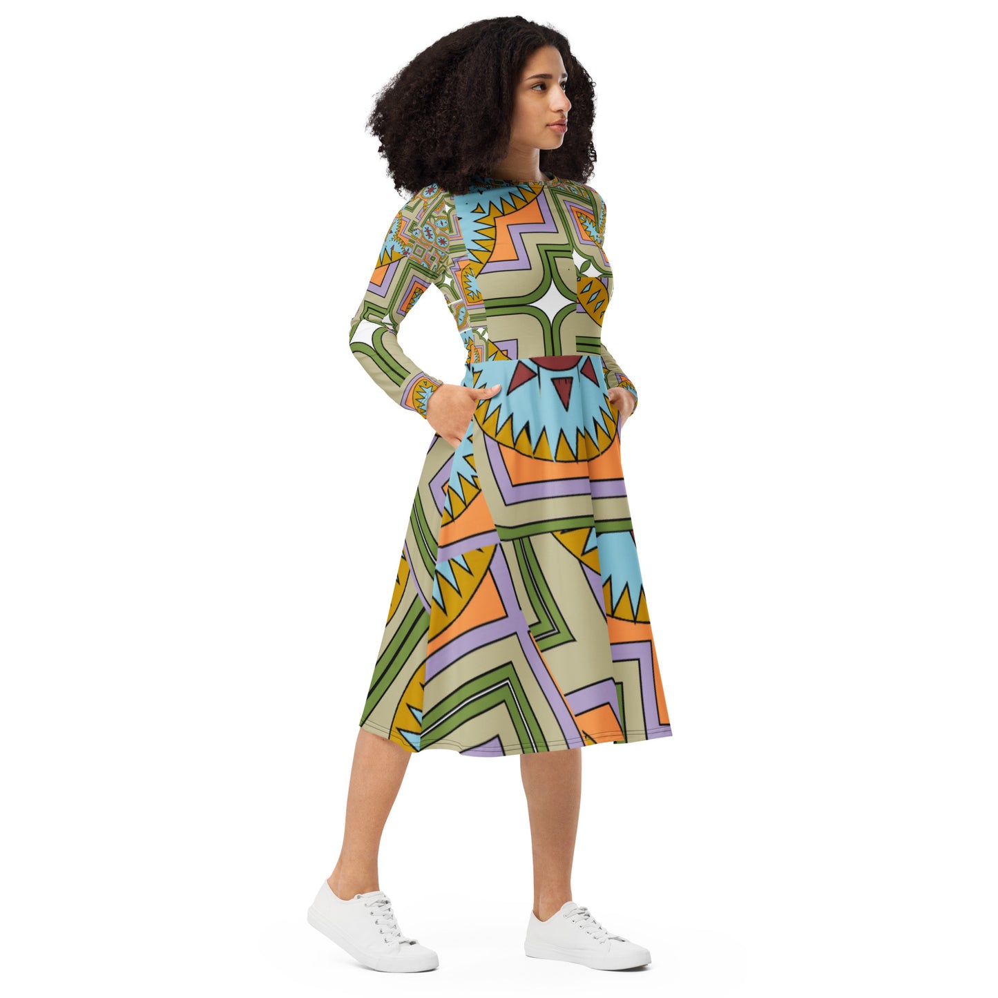 All-over print long sleeve midi dress