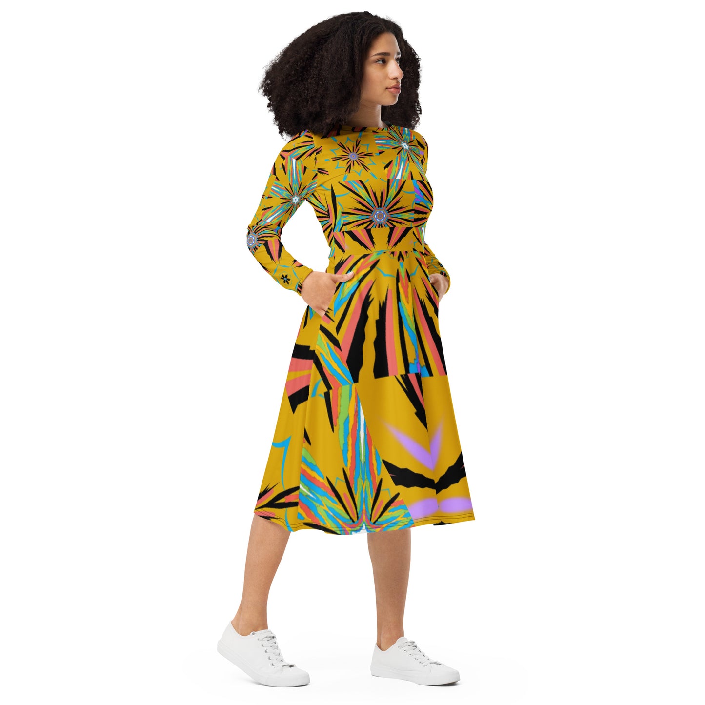 All-over print long sleeve midi dress