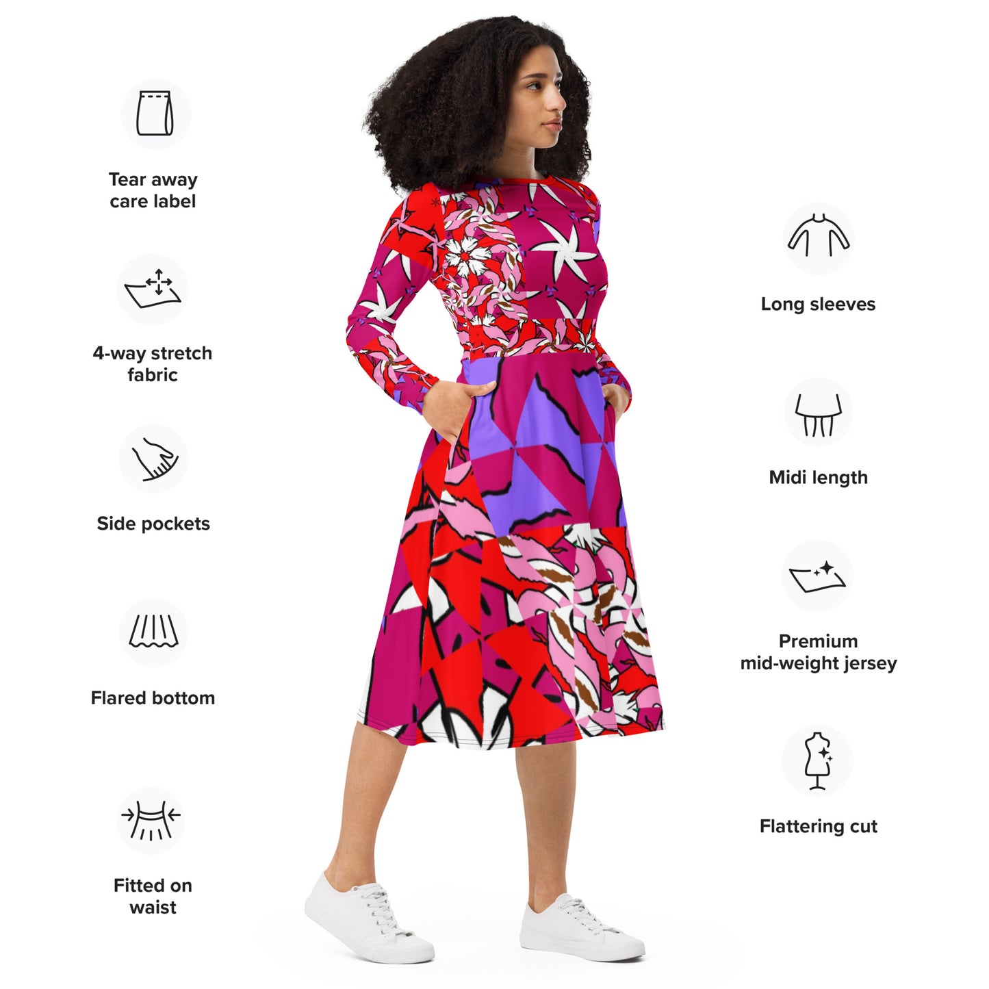 All-over print long sleeve midi dress