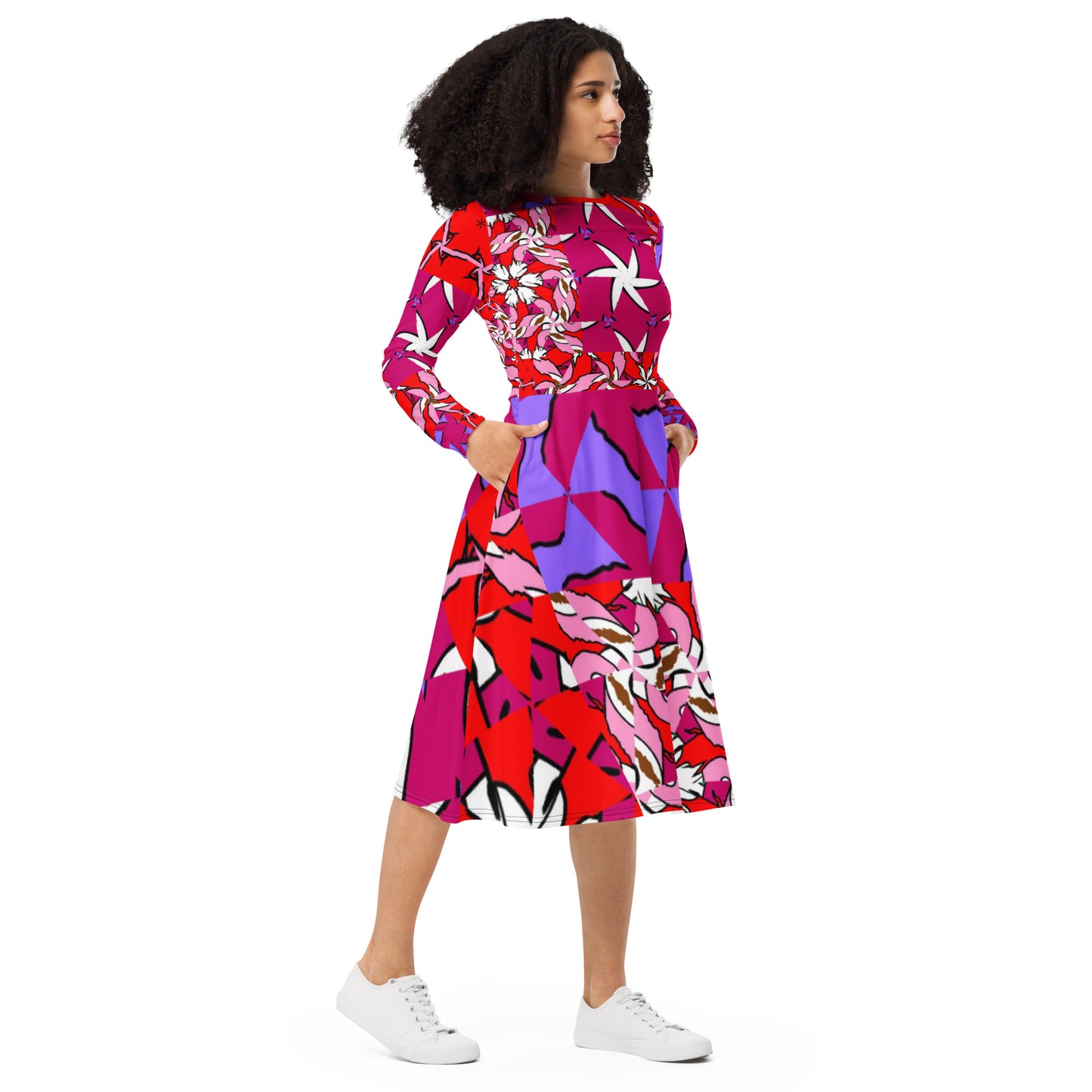 All-over print long sleeve midi dress