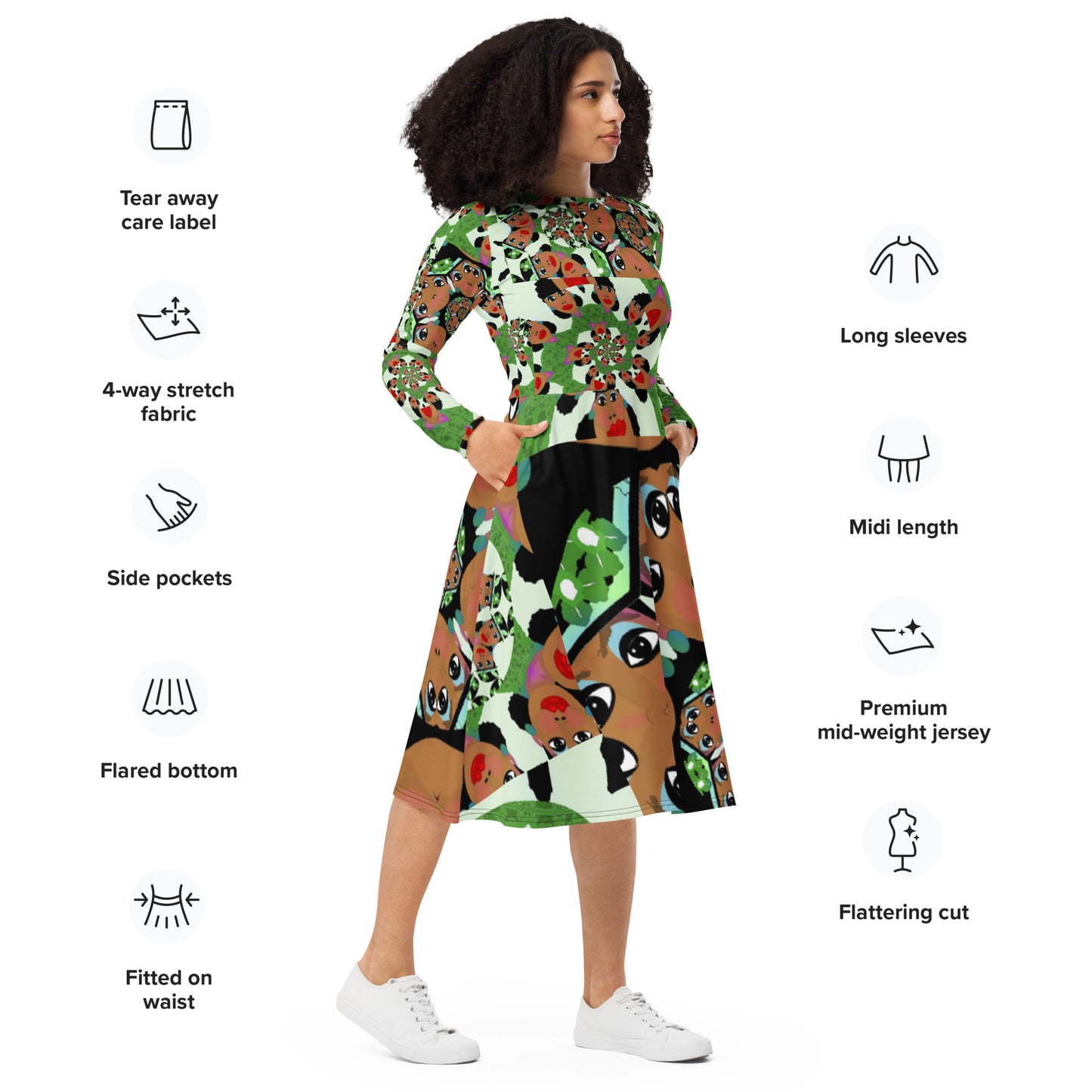 All-over print long sleeve midi dress