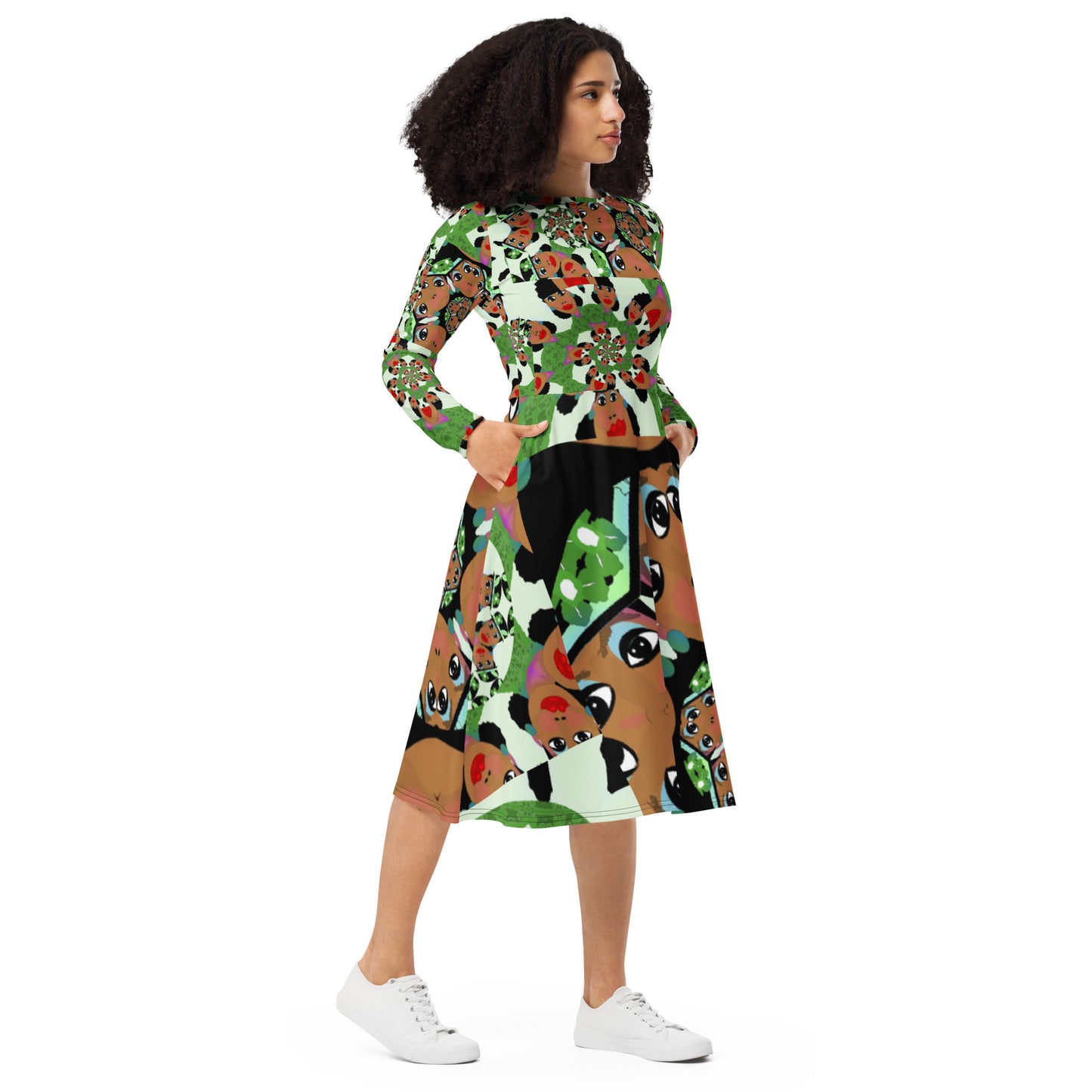 All-over print long sleeve midi dress