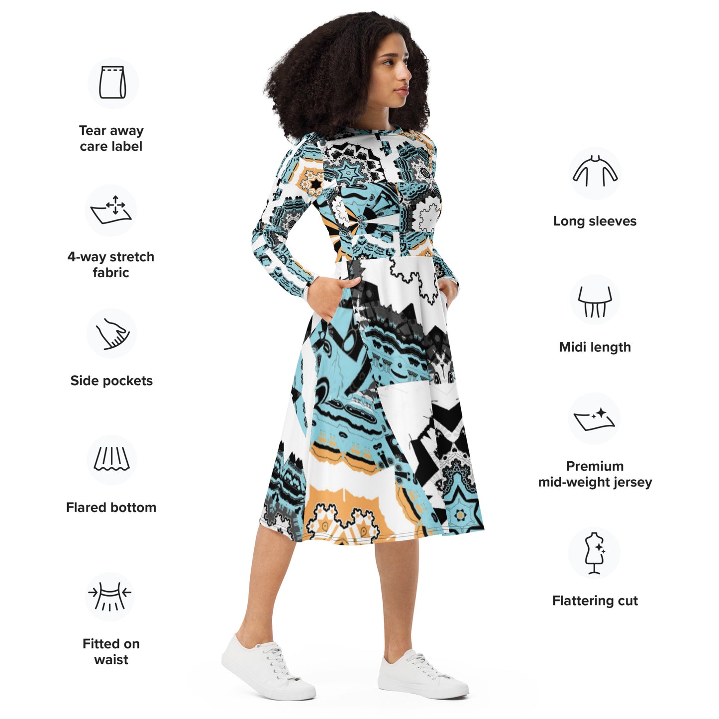 All-over print long sleeve midi dress