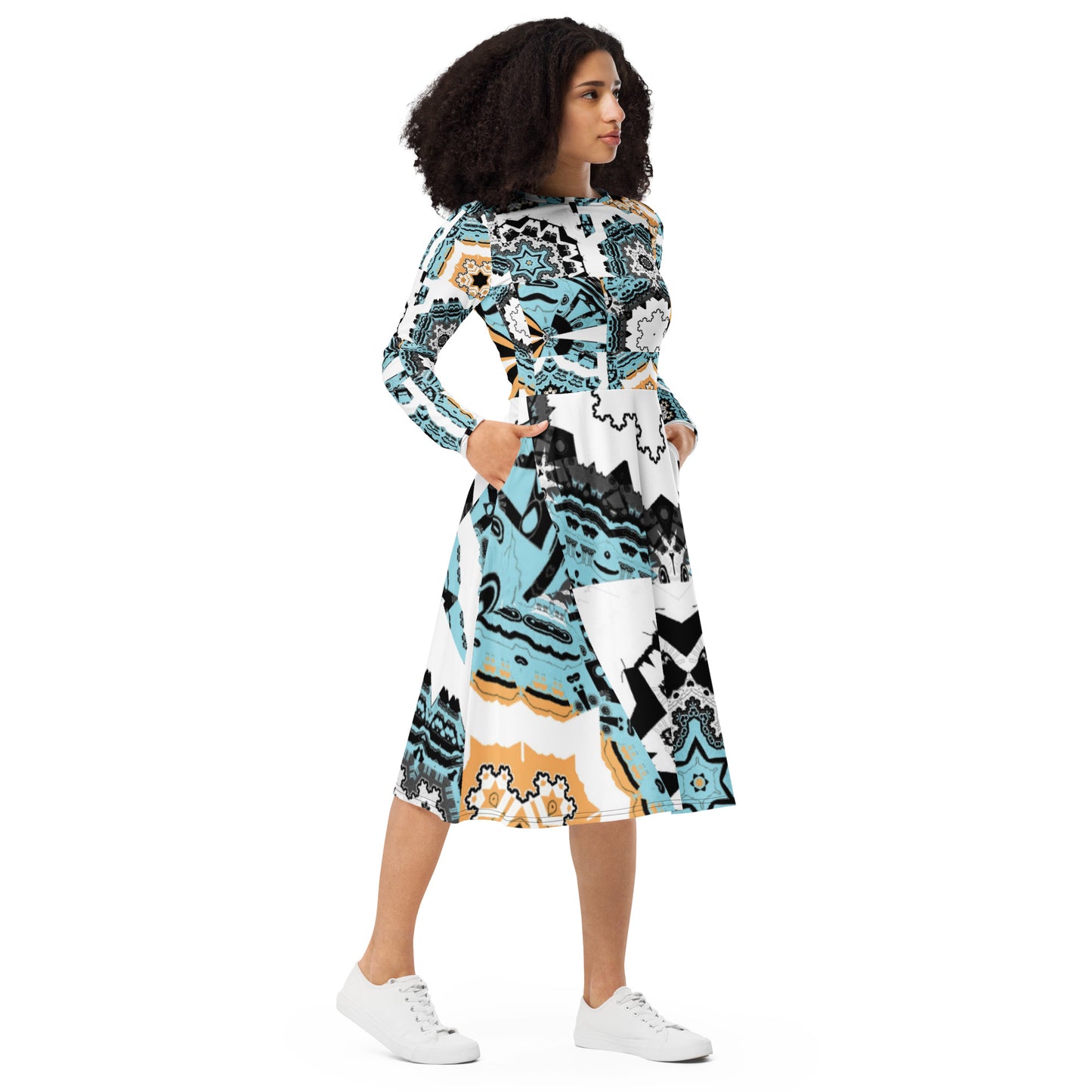 All-over print long sleeve midi dress