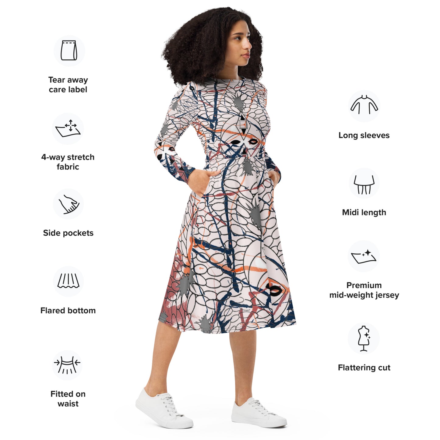 All-over print long sleeve midi dress