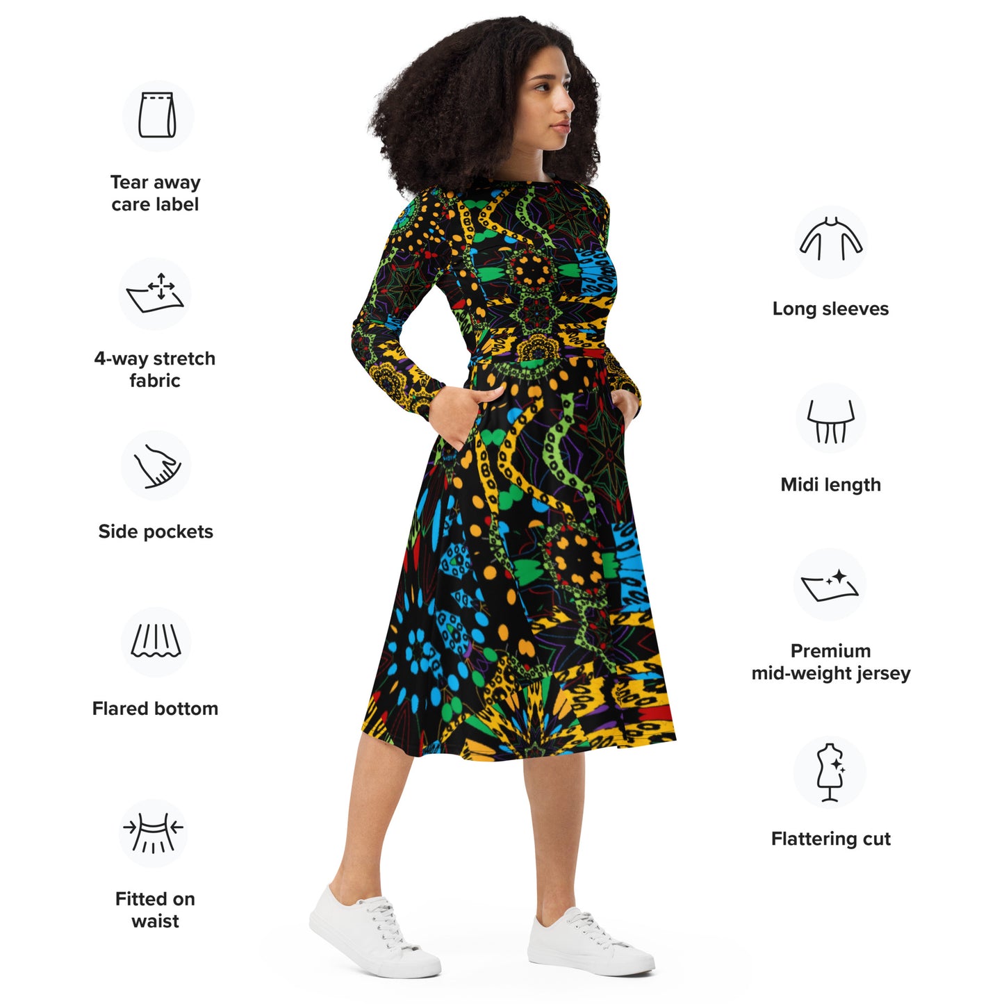 All-over print long sleeve midi dress