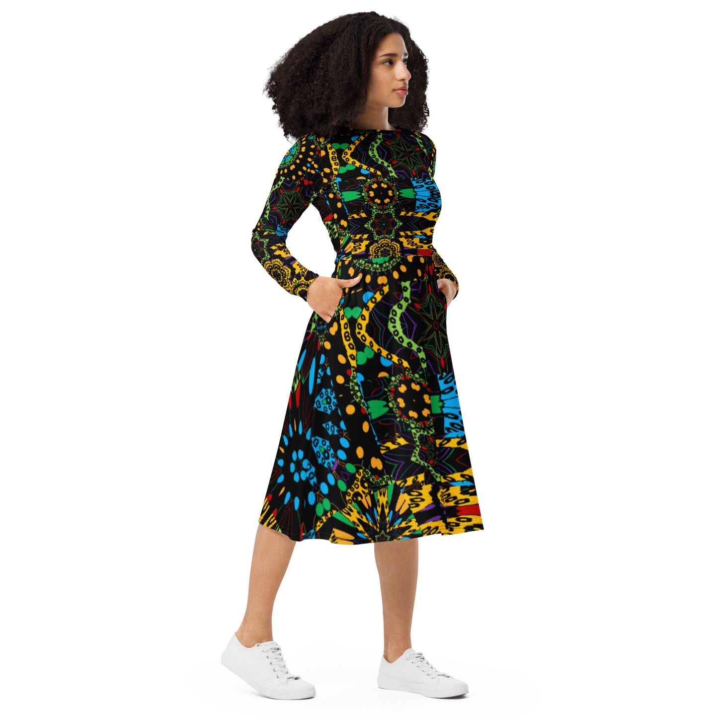 All-over print long sleeve midi dress